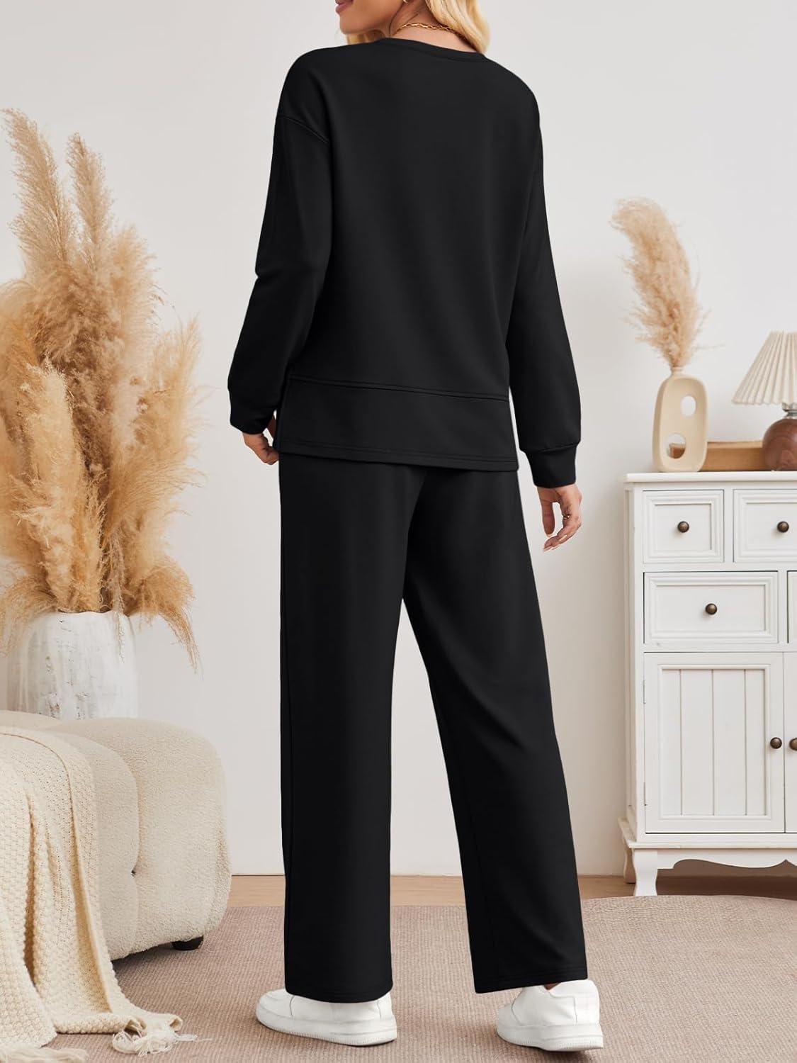 imageAUTOMET Womens 2 Piece Sweatsuits Outfit Lounge Sets Side Slit Sweatshirt Wide Leg Tracksuit Travel Loungewear with PocketsBlack