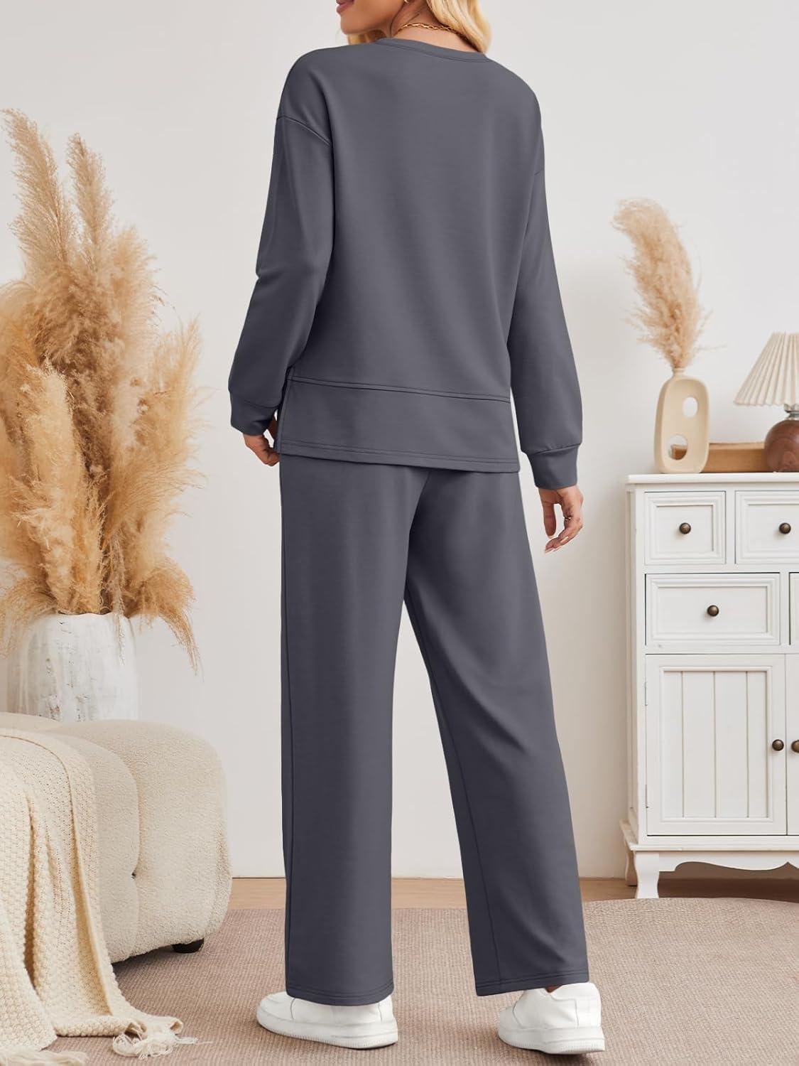 imageAUTOMET Womens 2 Piece Sweatsuits Outfit Lounge Sets Side Slit Sweatshirt Wide Leg Tracksuit Travel Loungewear with PocketsDark Grey