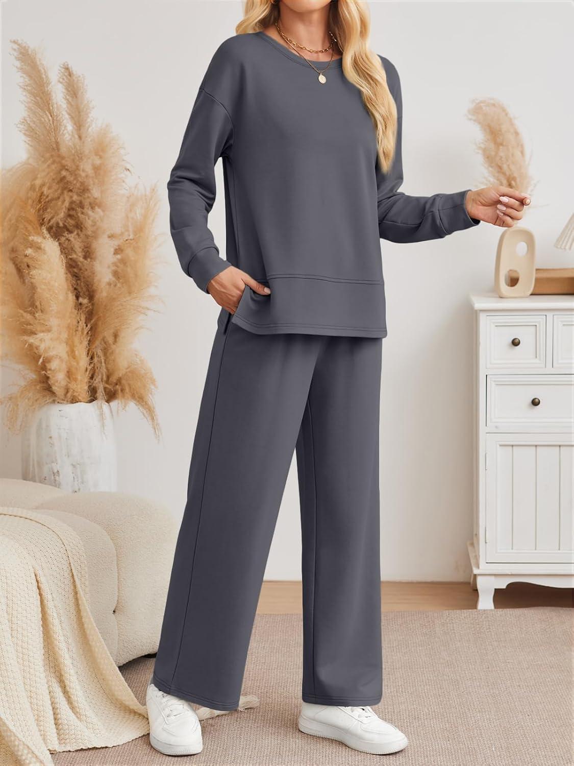 imageAUTOMET Womens 2 Piece Sweatsuits Outfit Lounge Sets Side Slit Sweatshirt Wide Leg Tracksuit Travel Loungewear with PocketsDark Grey