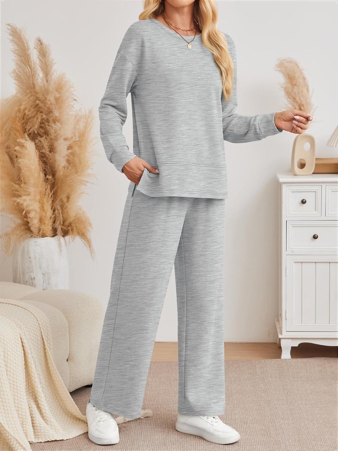 imageAUTOMET Womens 2 Piece Sweatsuits Outfit Lounge Sets Side Slit Sweatshirt Wide Leg Tracksuit Travel Loungewear with PocketsLight Grey
