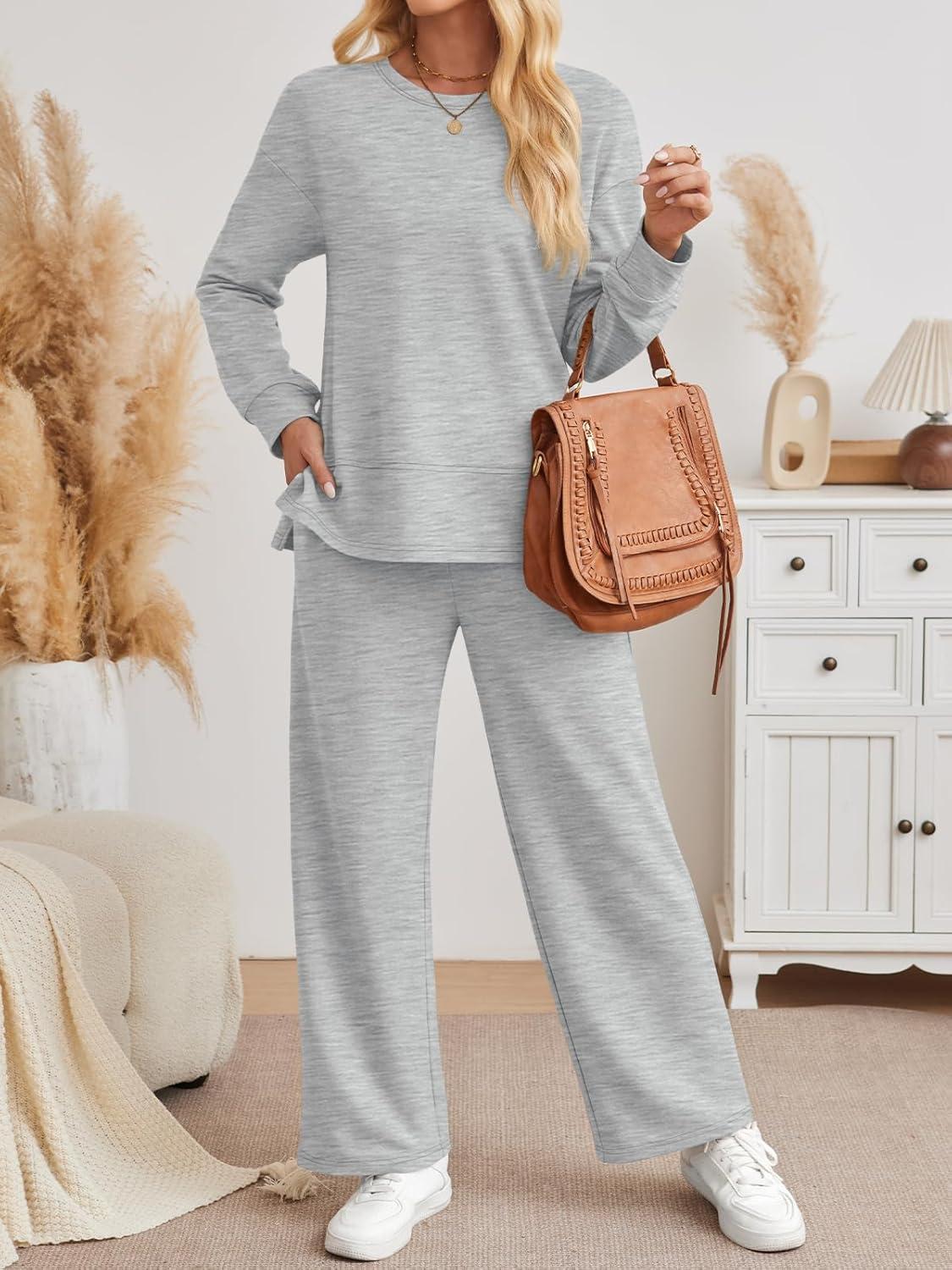 imageAUTOMET Womens 2 Piece Sweatsuits Outfit Lounge Sets Side Slit Sweatshirt Wide Leg Tracksuit Travel Loungewear with PocketsLight Grey