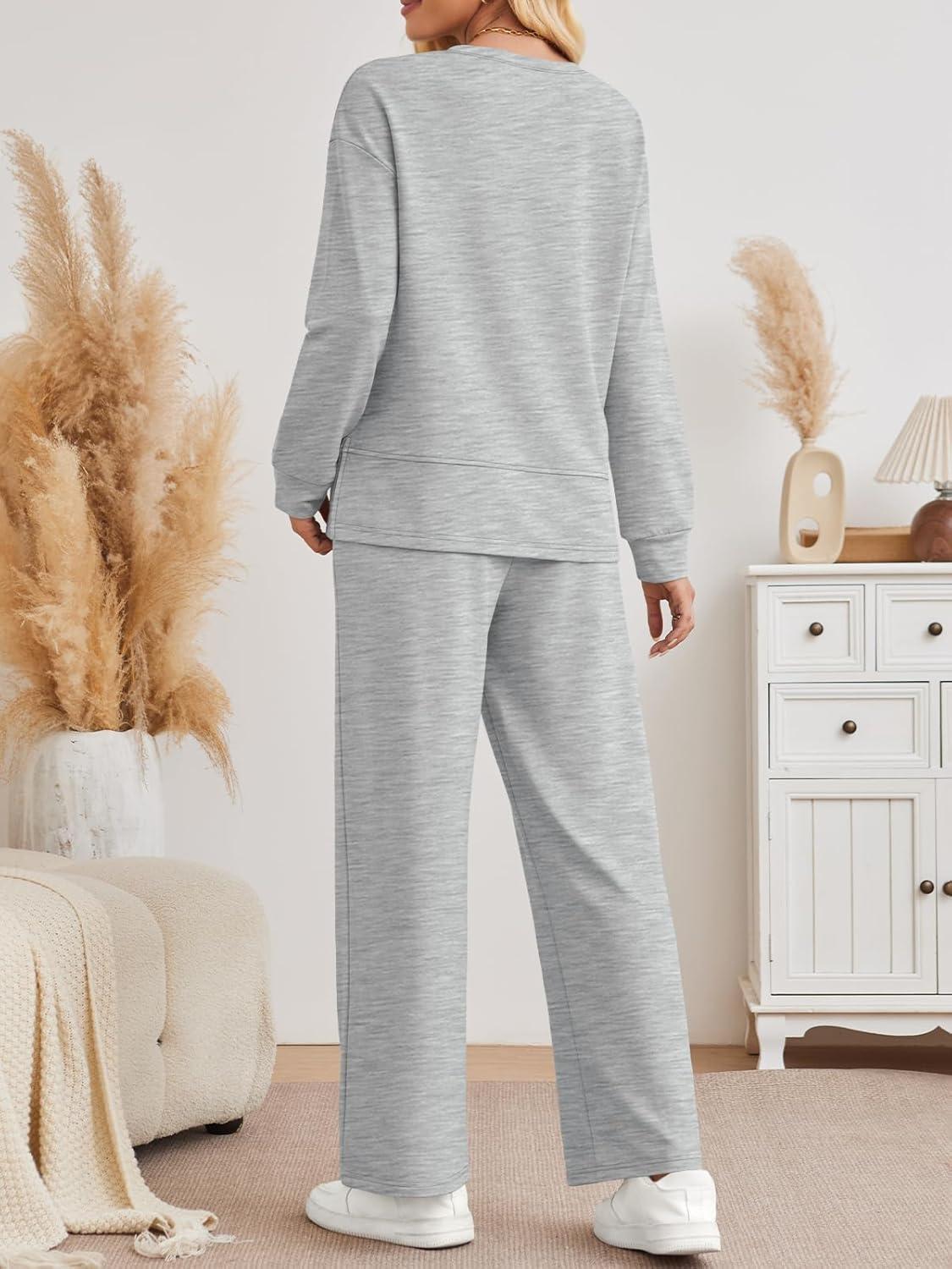 imageAUTOMET Womens 2 Piece Sweatsuits Outfit Lounge Sets Side Slit Sweatshirt Wide Leg Tracksuit Travel Loungewear with PocketsLight Grey