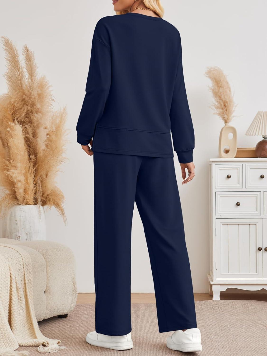 imageAUTOMET Womens 2 Piece Sweatsuits Outfit Lounge Sets Side Slit Sweatshirt Wide Leg Tracksuit Travel Loungewear with PocketsNavy Blue