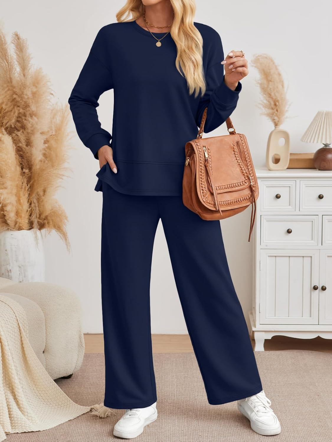 imageAUTOMET Womens 2 Piece Sweatsuits Outfit Lounge Sets Side Slit Sweatshirt Wide Leg Tracksuit Travel Loungewear with PocketsNavy Blue