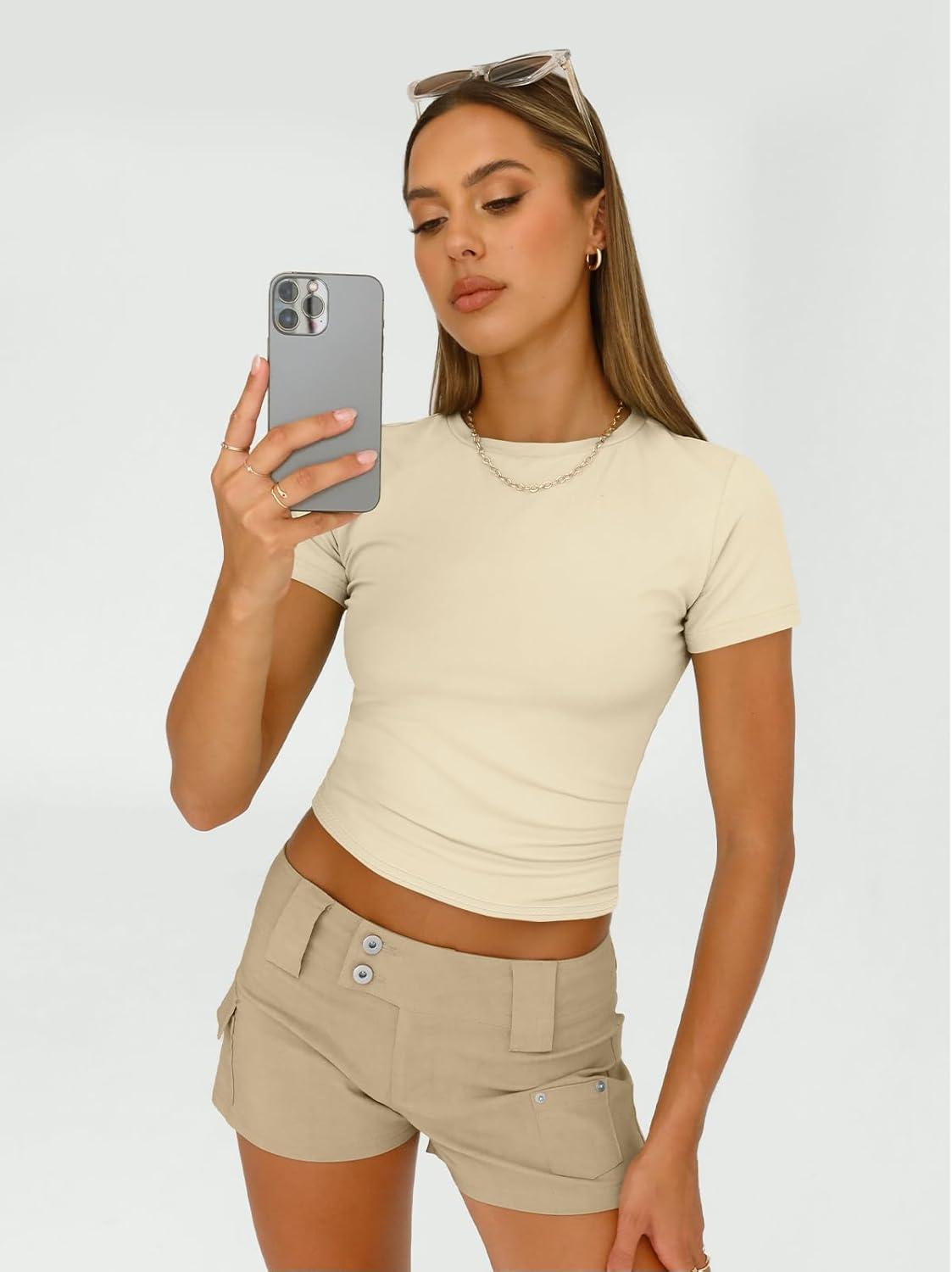 imageAUTOMET Womens 3 Piece Short Sleeve Shirts Basic Going Out Slim Fitted Crop Tops 2025 Summer Y2k ClothesBlack white apricot