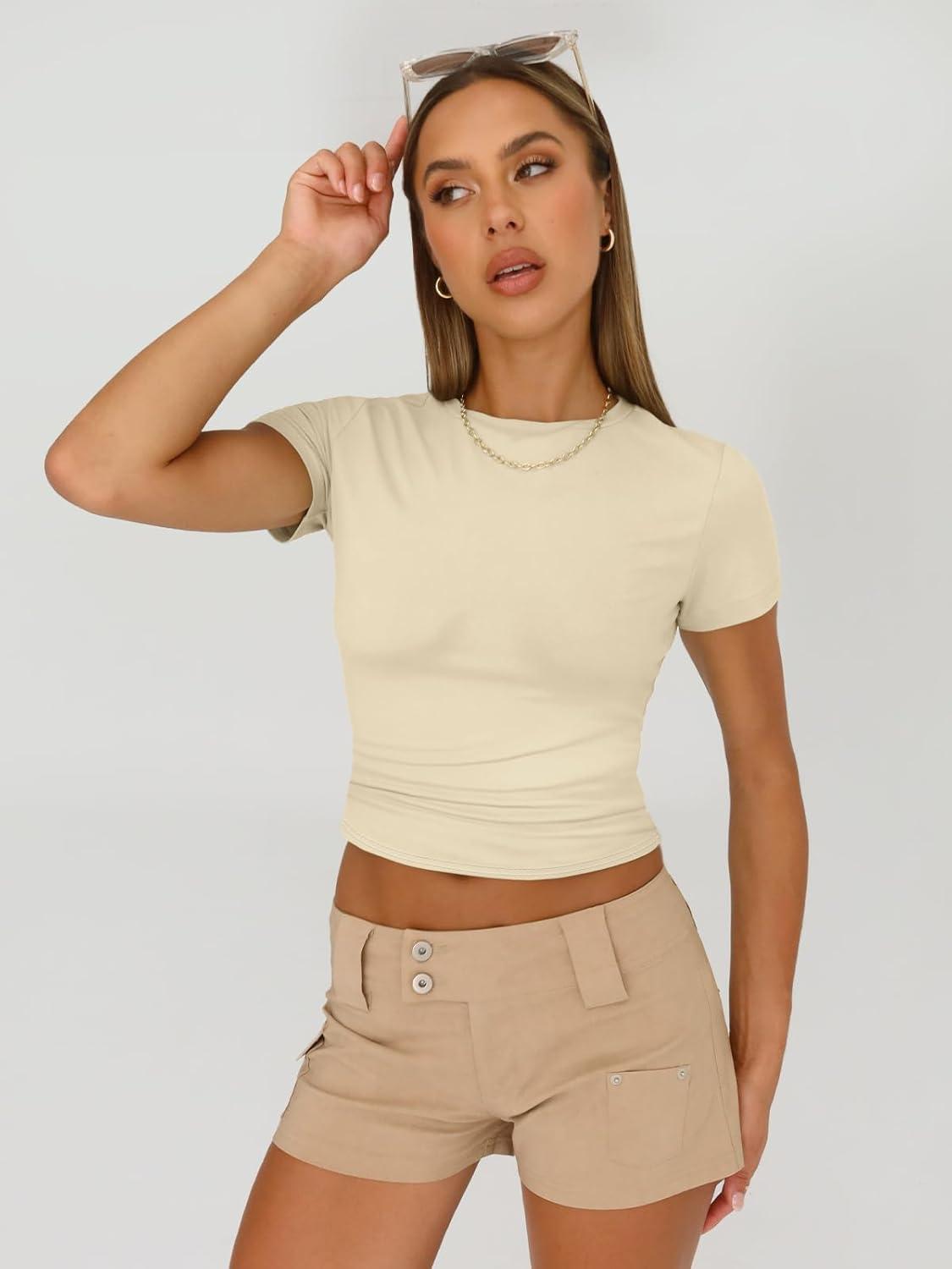 imageAUTOMET Womens 3 Piece Short Sleeve Shirts Basic Going Out Slim Fitted Crop Tops 2025 Summer Y2k ClothesBlack white apricot