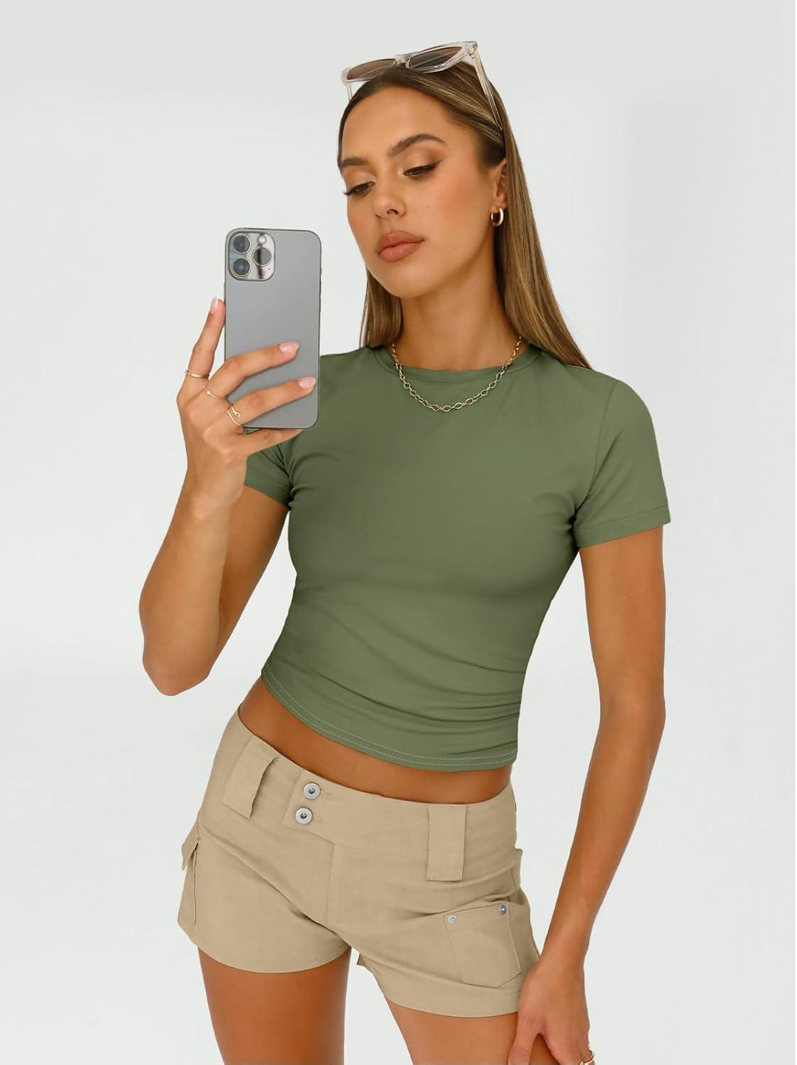 imageAUTOMET Womens 3 Piece Short Sleeve Shirts Basic Going Out Slim Fitted Crop Tops 2025 Summer Y2k ClothesBlack white army Green