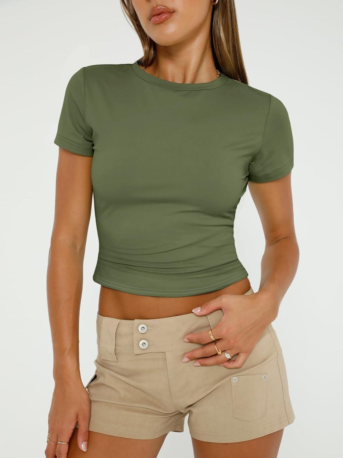 imageAUTOMET Womens 3 Piece Short Sleeve Shirts Basic Going Out Slim Fitted Crop Tops 2025 Summer Y2k ClothesBlack white army Green