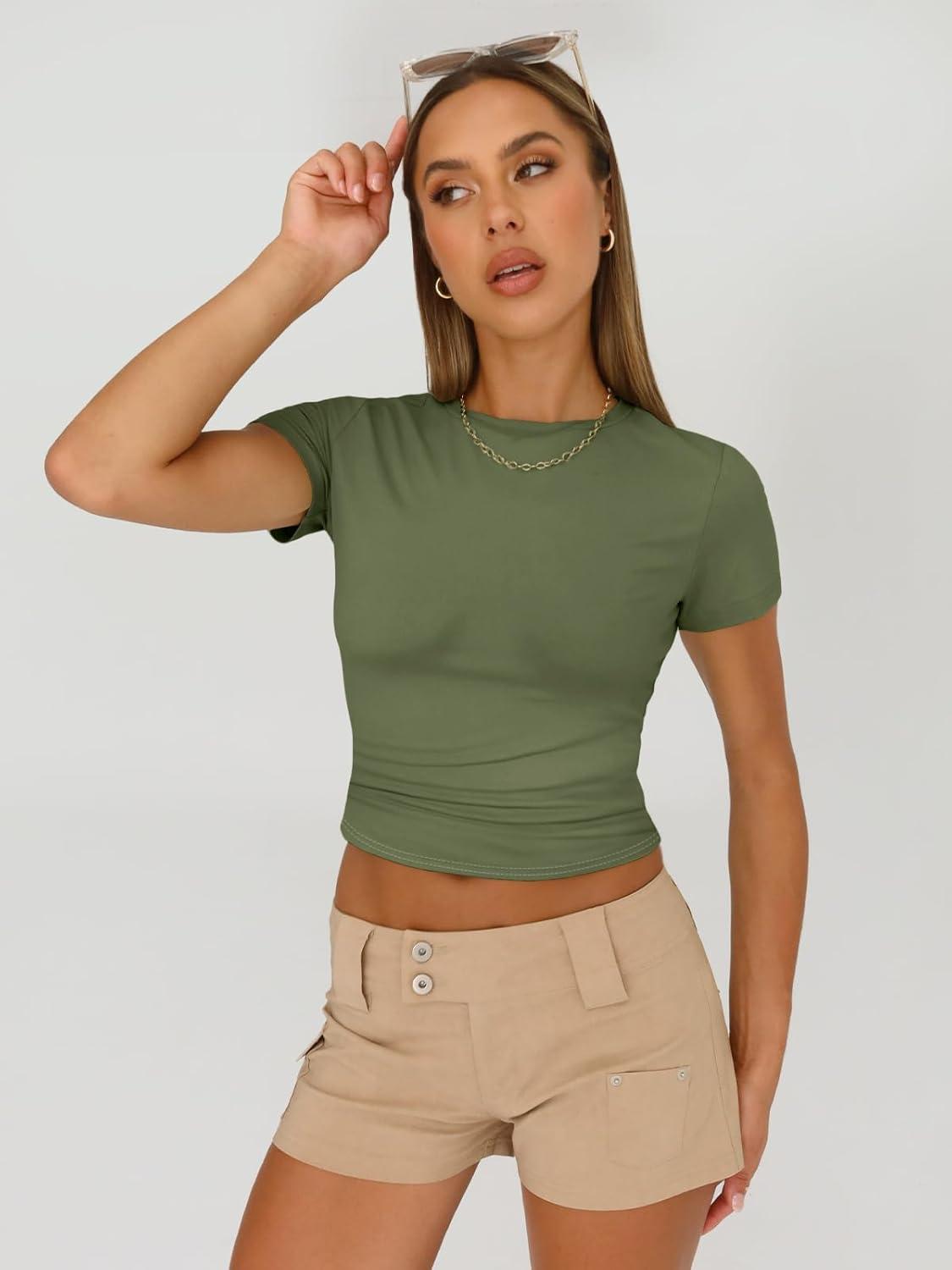 imageAUTOMET Womens 3 Piece Short Sleeve Shirts Basic Going Out Slim Fitted Crop Tops 2025 Summer Y2k ClothesBlack white army Green