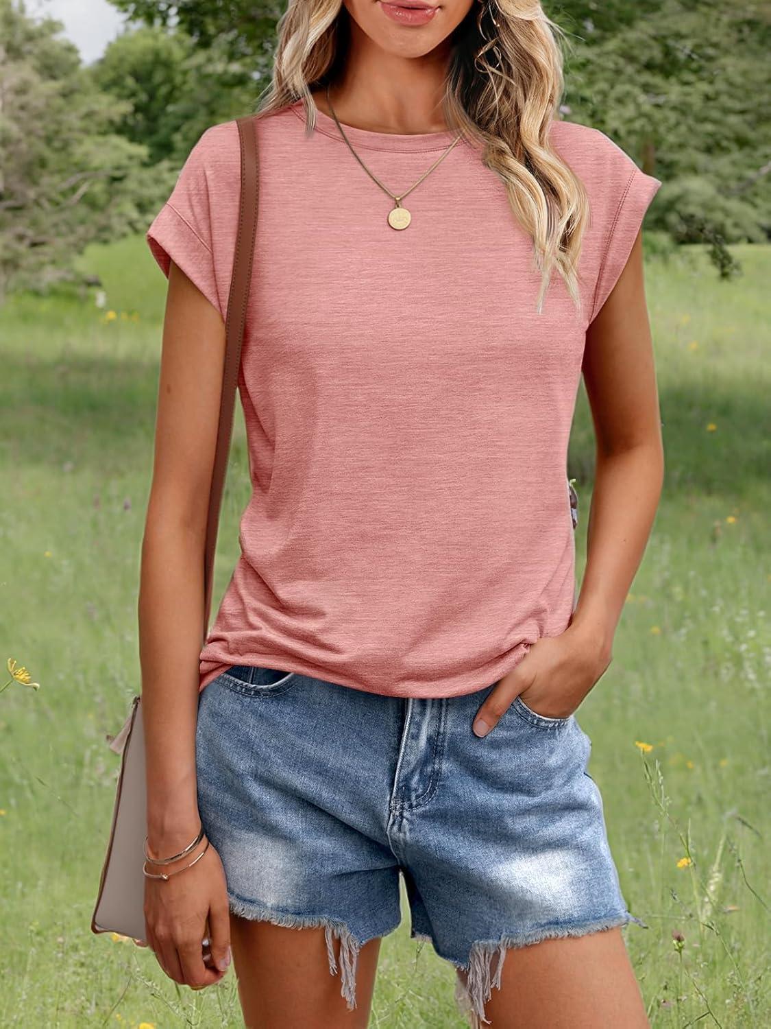 imageAUTOMET Womens Cap Sleeve Summer Tops T Shirts Business Casual Dressy Spring Fashion Outfits Cute Trendy Clothes 2025Pink