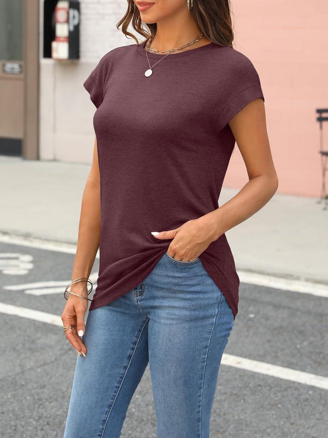 imageAUTOMET Womens Cap Sleeve Summer Tops T Shirts Business Casual Dressy Spring Fashion Outfits Cute Trendy Clothes 2025Winered