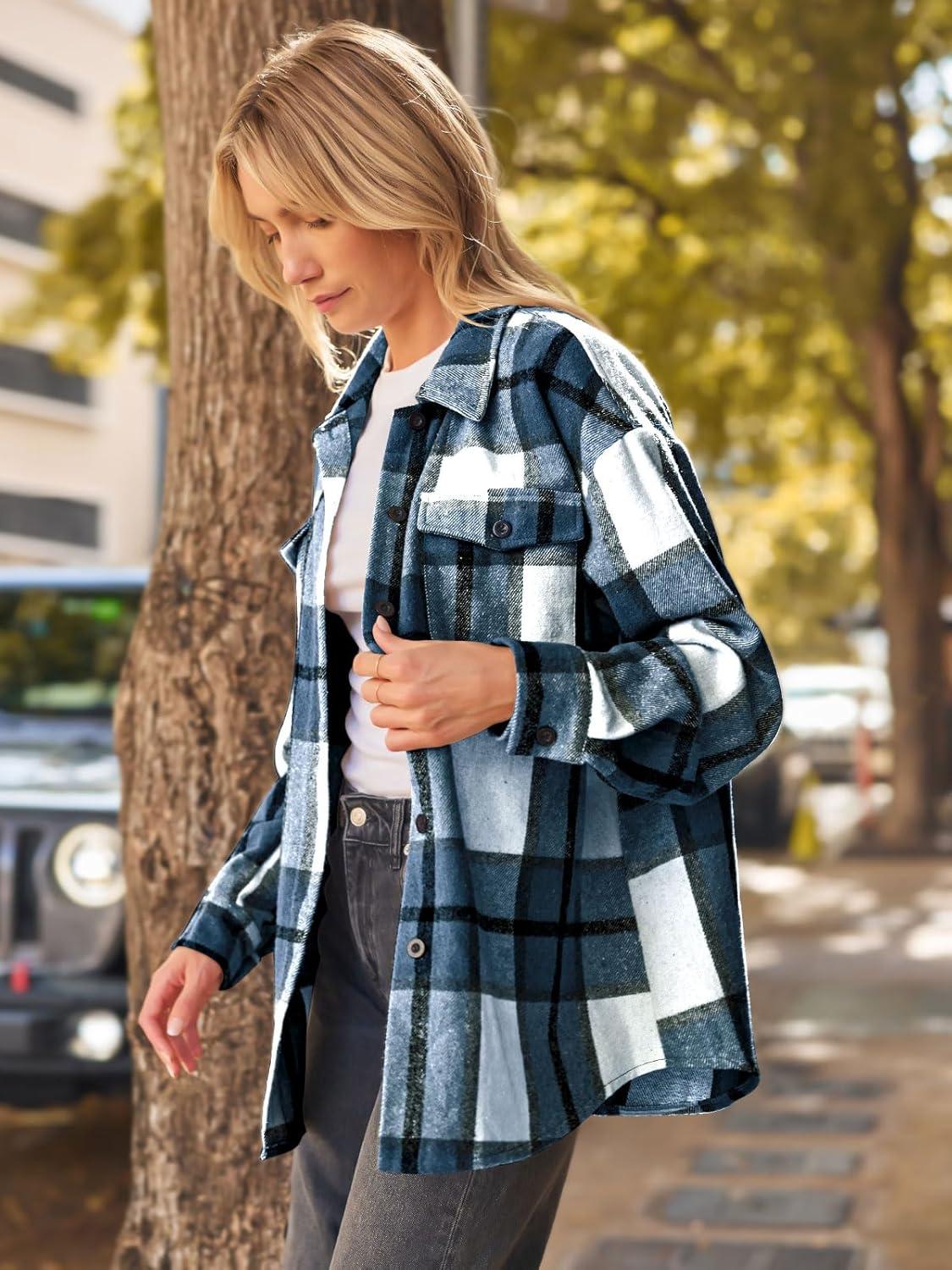 imageAUTOMET Womens Fall Outfits Fashion Clothes Shackets Flannel Plaid Button Down Long Sleeve Shirts JacketsBlue