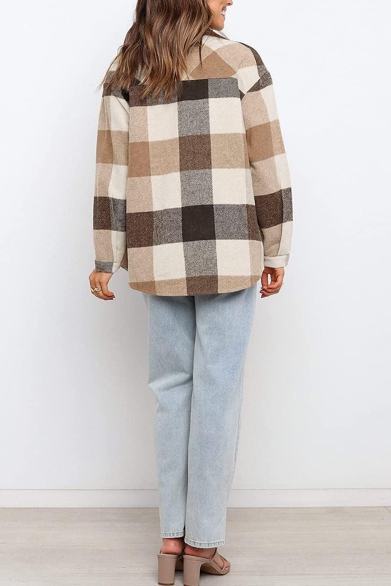 imageAUTOMET Womens Fall Outfits Fashion Clothes Shackets Flannel Plaid Button Down Long Sleeve Shirts JacketsBrown