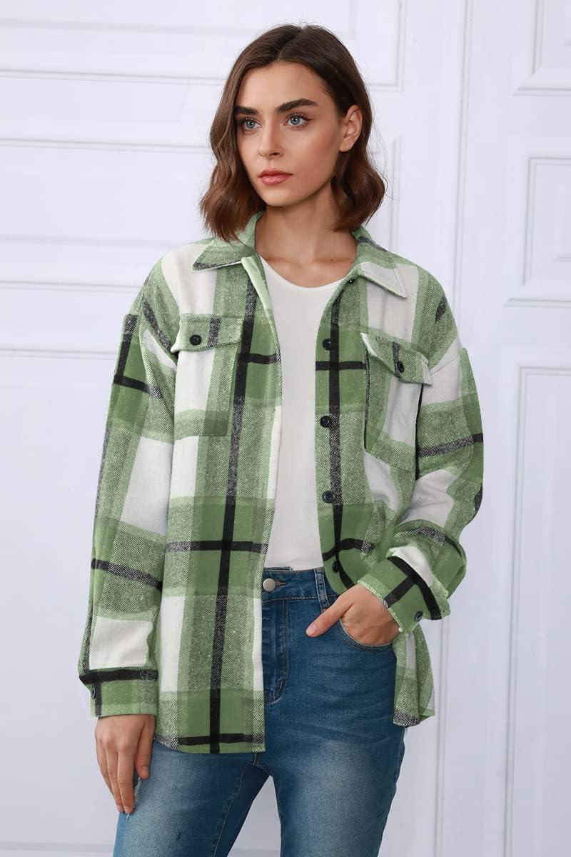 imageAUTOMET Womens Fall Outfits Fashion Clothes Shackets Flannel Plaid Button Down Long Sleeve Shirts JacketsGrassgreen