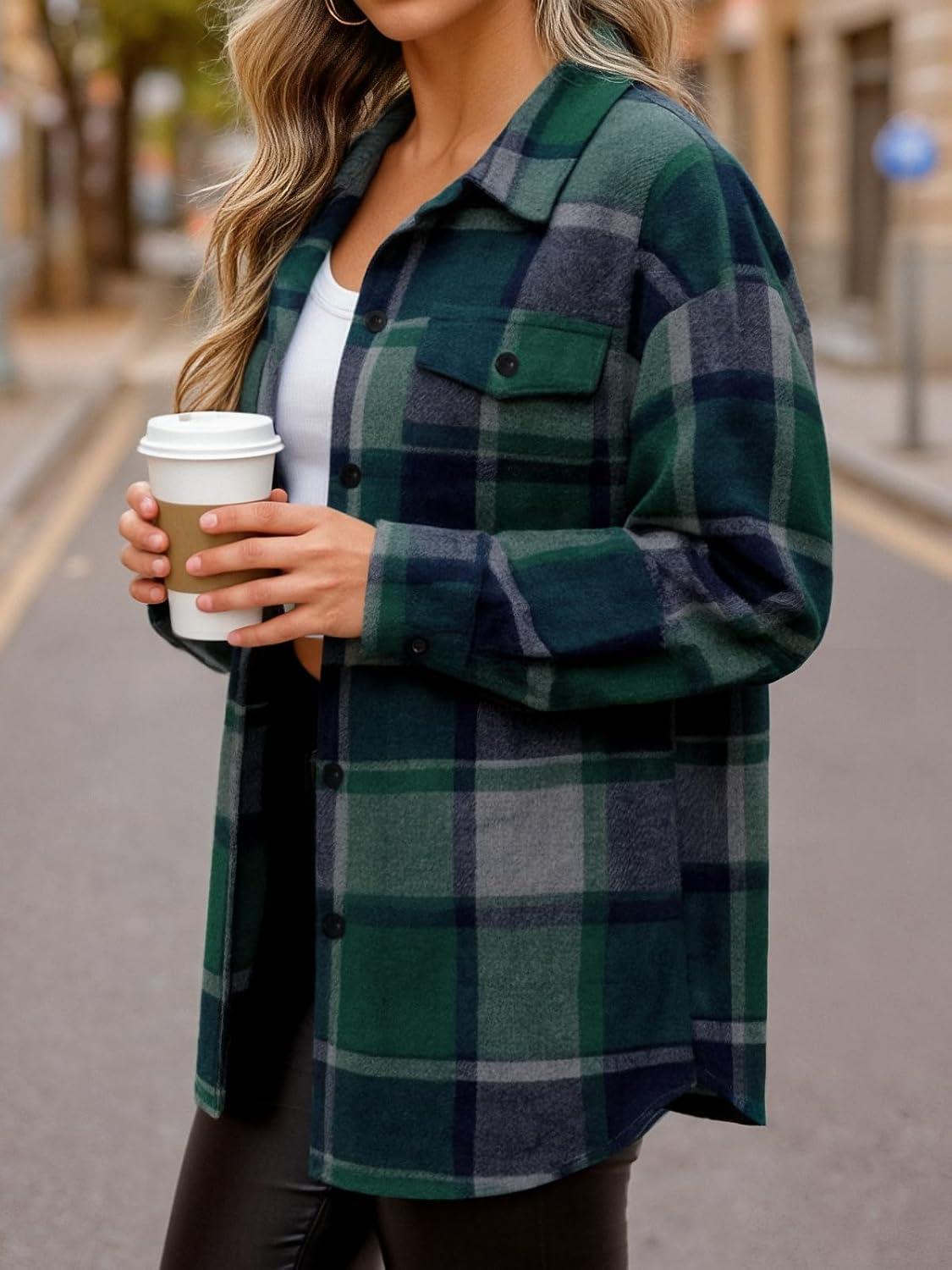 imageAUTOMET Womens Fall Outfits Fashion Clothes Shackets Flannel Plaid Button Down Long Sleeve Shirts JacketsGreen