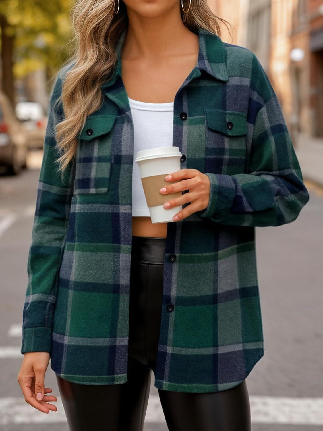 imageAUTOMET Womens Fall Outfits Fashion Clothes Shackets Flannel Plaid Button Down Long Sleeve Shirts JacketsGreen