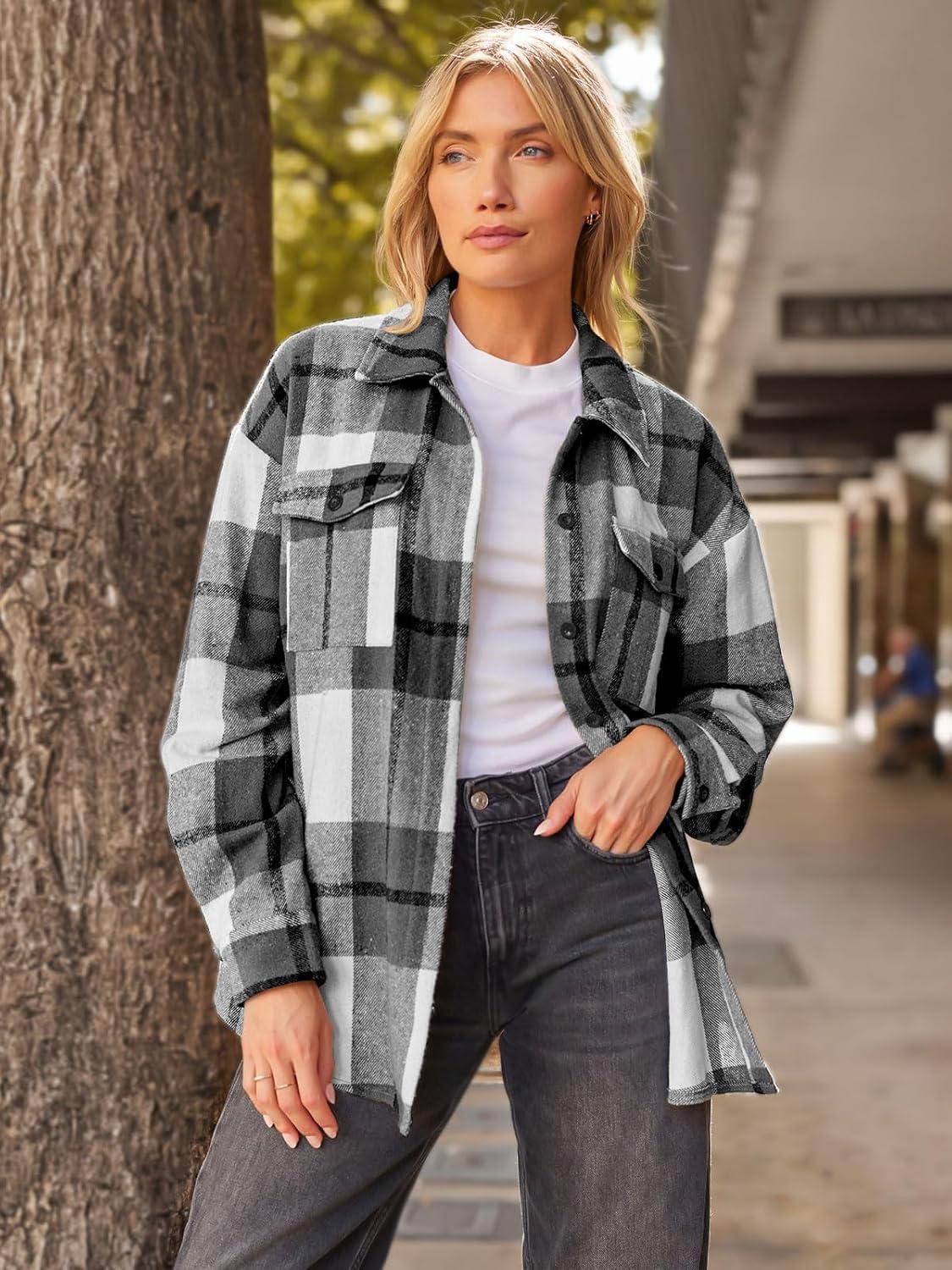 imageAUTOMET Womens Fall Outfits Fashion Clothes Shackets Flannel Plaid Button Down Long Sleeve Shirts JacketsGrey