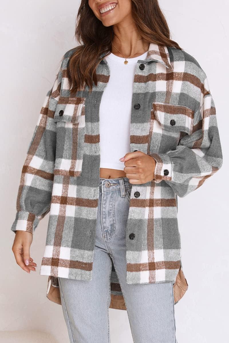 imageAUTOMET Womens Fall Outfits Fashion Clothes Shackets Flannel Plaid Button Down Long Sleeve Shirts JacketsGreybrown