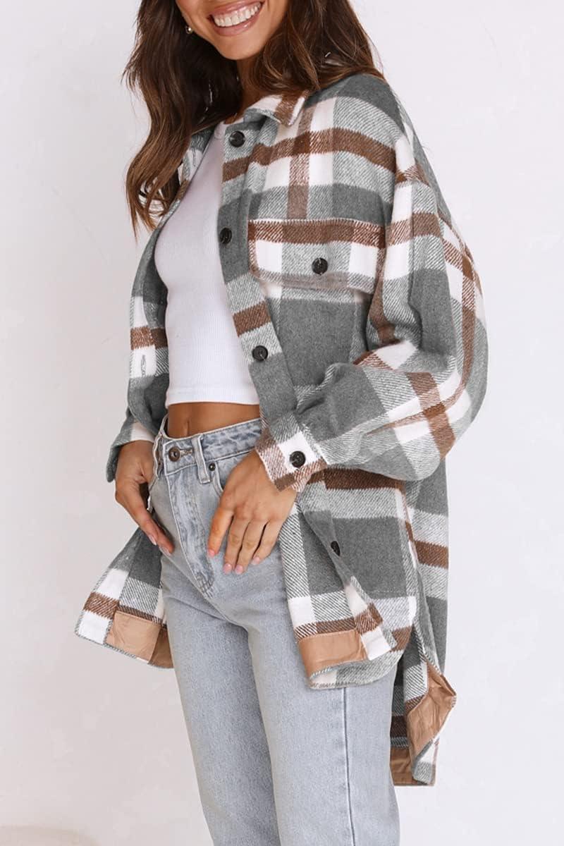 imageAUTOMET Womens Fall Outfits Fashion Clothes Shackets Flannel Plaid Button Down Long Sleeve Shirts JacketsGreybrown