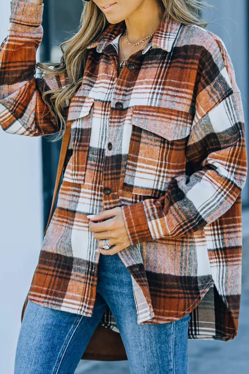 imageAUTOMET Womens Fall Outfits Fashion Clothes Shackets Flannel Plaid Button Down Long Sleeve Shirts JacketsOrange
