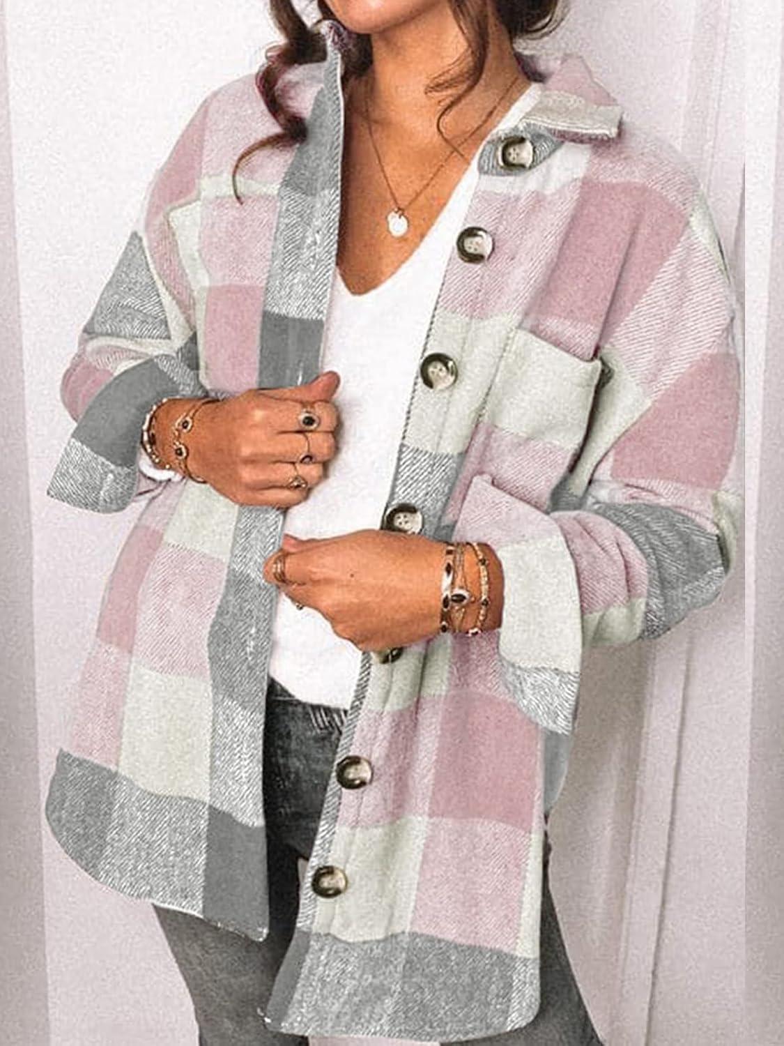 imageAUTOMET Womens Fall Outfits Fashion Clothes Shackets Flannel Plaid Button Down Long Sleeve Shirts JacketsPinkgrey