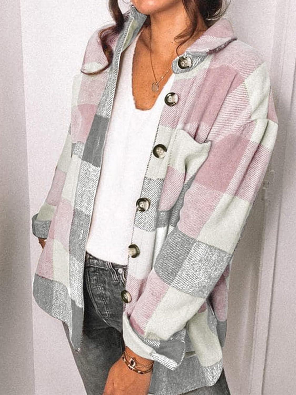 imageAUTOMET Womens Fall Outfits Fashion Clothes Shackets Flannel Plaid Button Down Long Sleeve Shirts JacketsPinkgrey