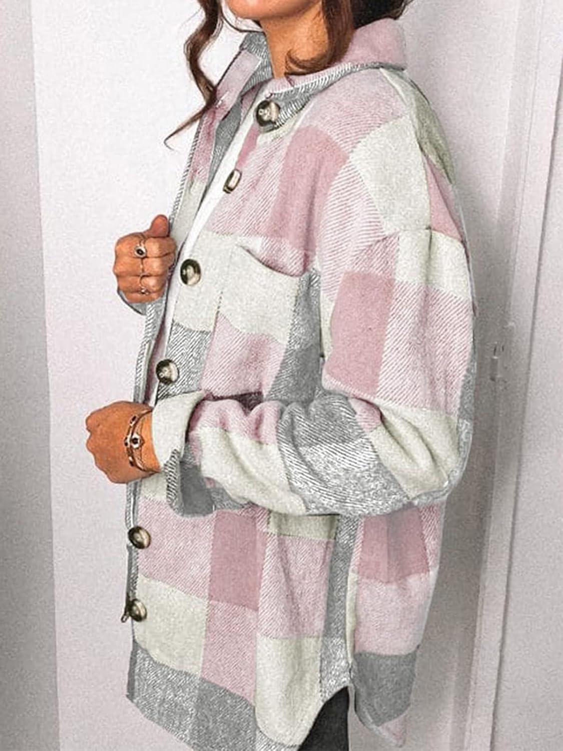 imageAUTOMET Womens Fall Outfits Fashion Clothes Shackets Flannel Plaid Button Down Long Sleeve Shirts JacketsPinkgrey