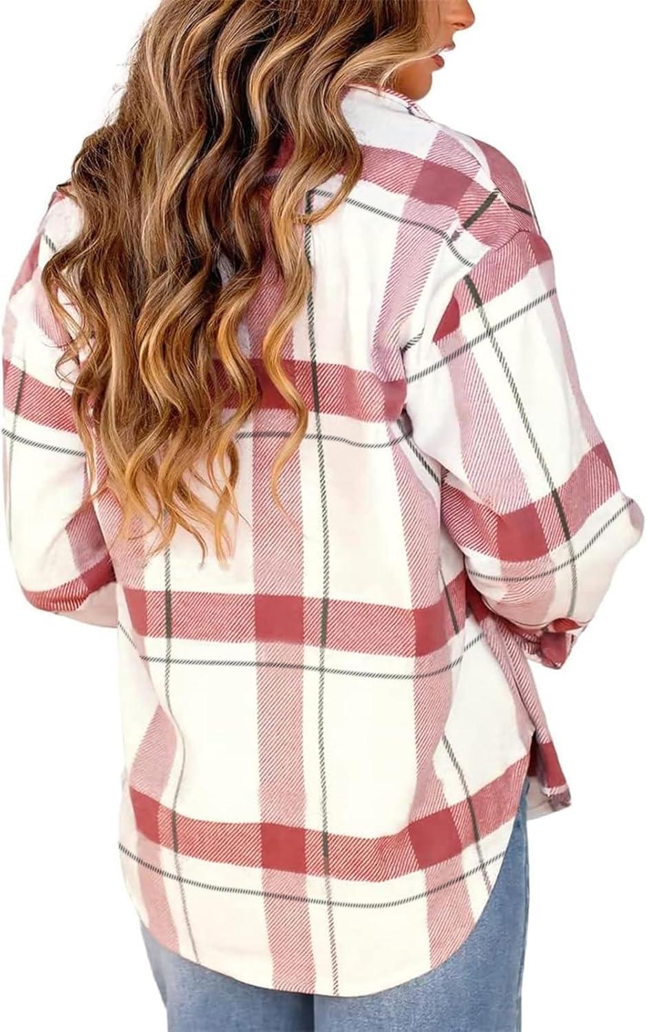 imageAUTOMET Womens Fall Outfits Fashion Clothes Shackets Flannel Plaid Button Down Long Sleeve Shirts JacketsPinkwhite