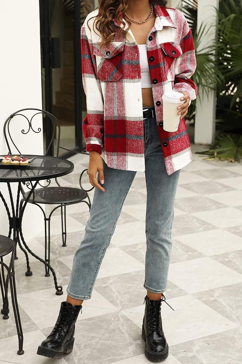imageAUTOMET Womens Fall Outfits Fashion Clothes Shackets Flannel Plaid Button Down Long Sleeve Shirts JacketsRed