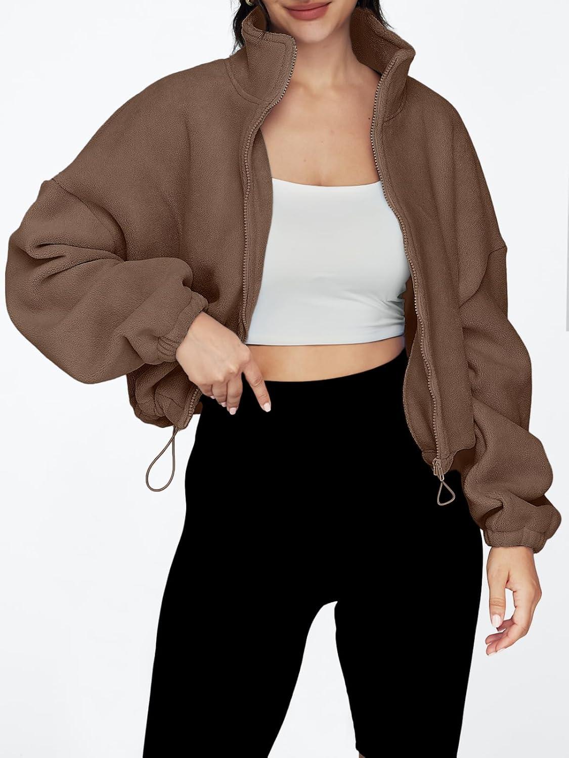 imageAUTOMET Womens Fleece Jackets Zip Up Oversized Sweatshirts Winter Clothes Long Sleeve Crop Sherpa Fall Outfits FashionCoffee