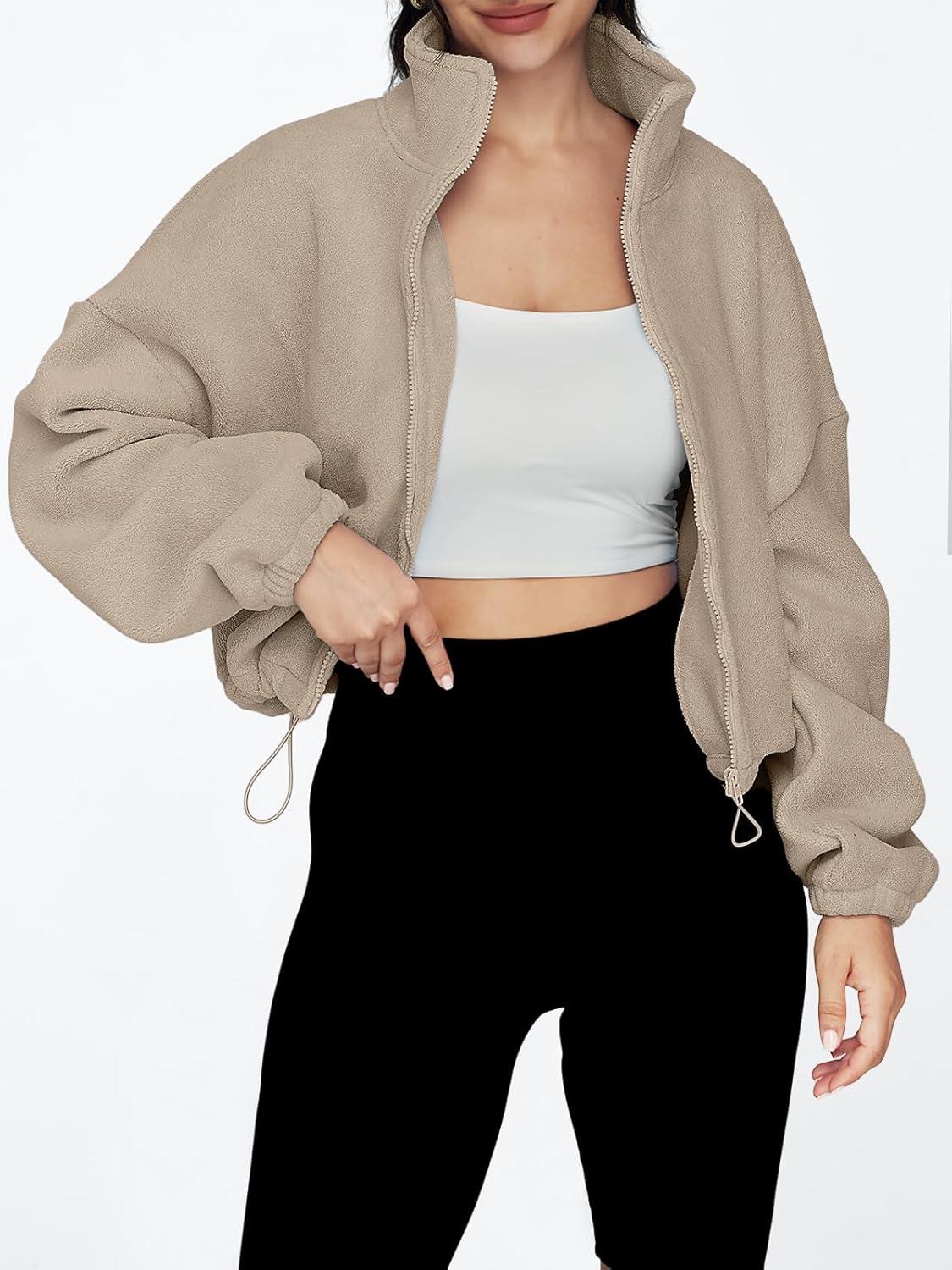 imageAUTOMET Womens Fleece Jackets Zip Up Oversized Sweatshirts Winter Clothes Long Sleeve Crop Sherpa Fall Outfits FashionKhaki