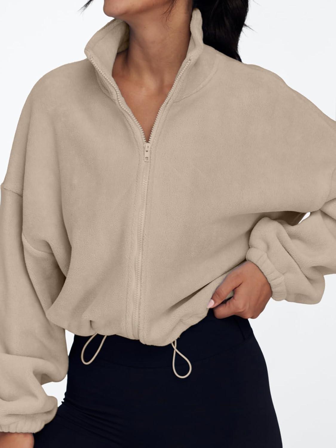 imageAUTOMET Womens Fleece Jackets Zip Up Oversized Sweatshirts Winter Clothes Long Sleeve Crop Sherpa Fall Outfits FashionKhaki