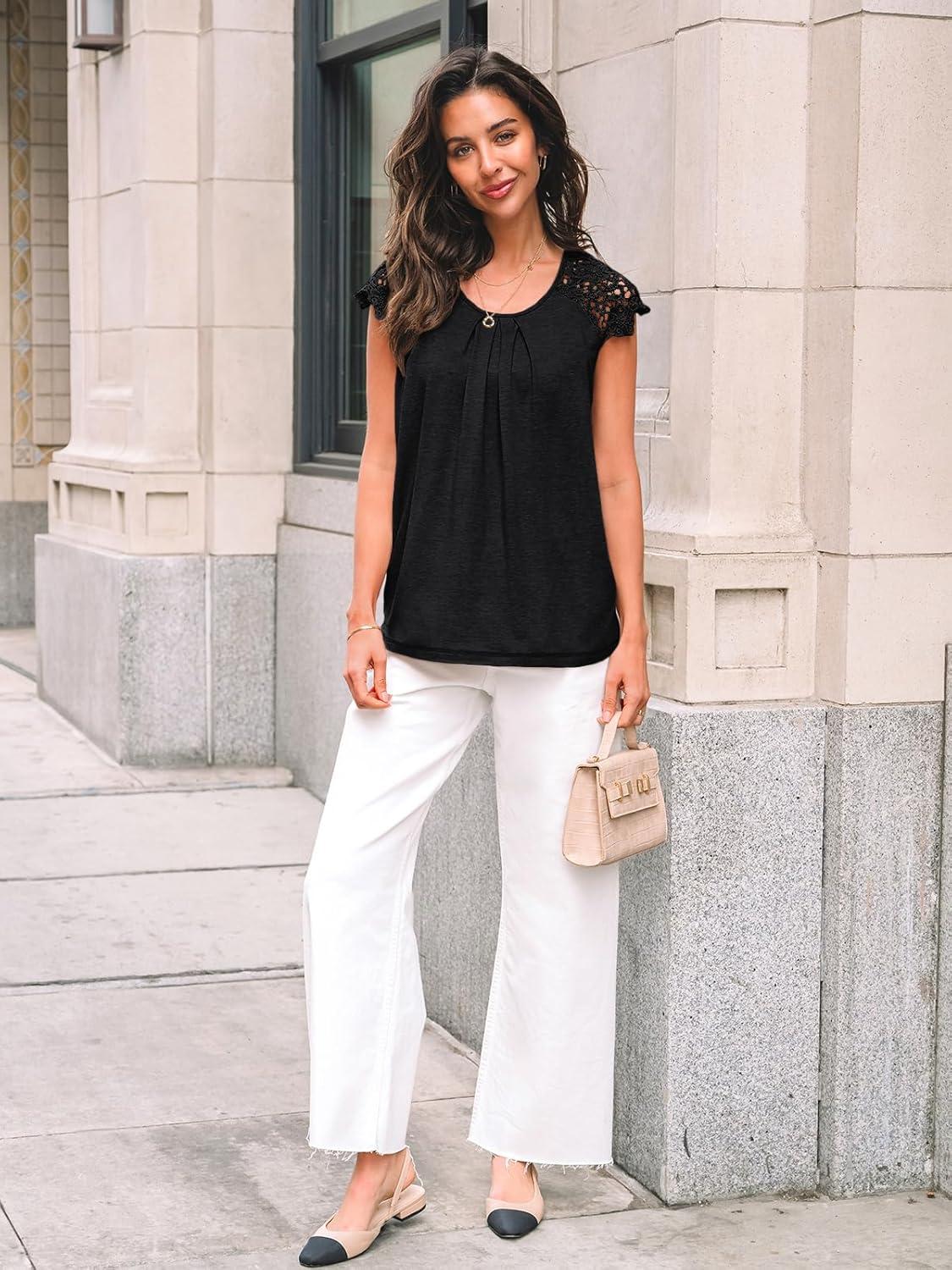 imageAUTOMET Womens Lace Tops Pleated Short Sleeve Shirts Summer Business Casual Dressy BlousesBlack