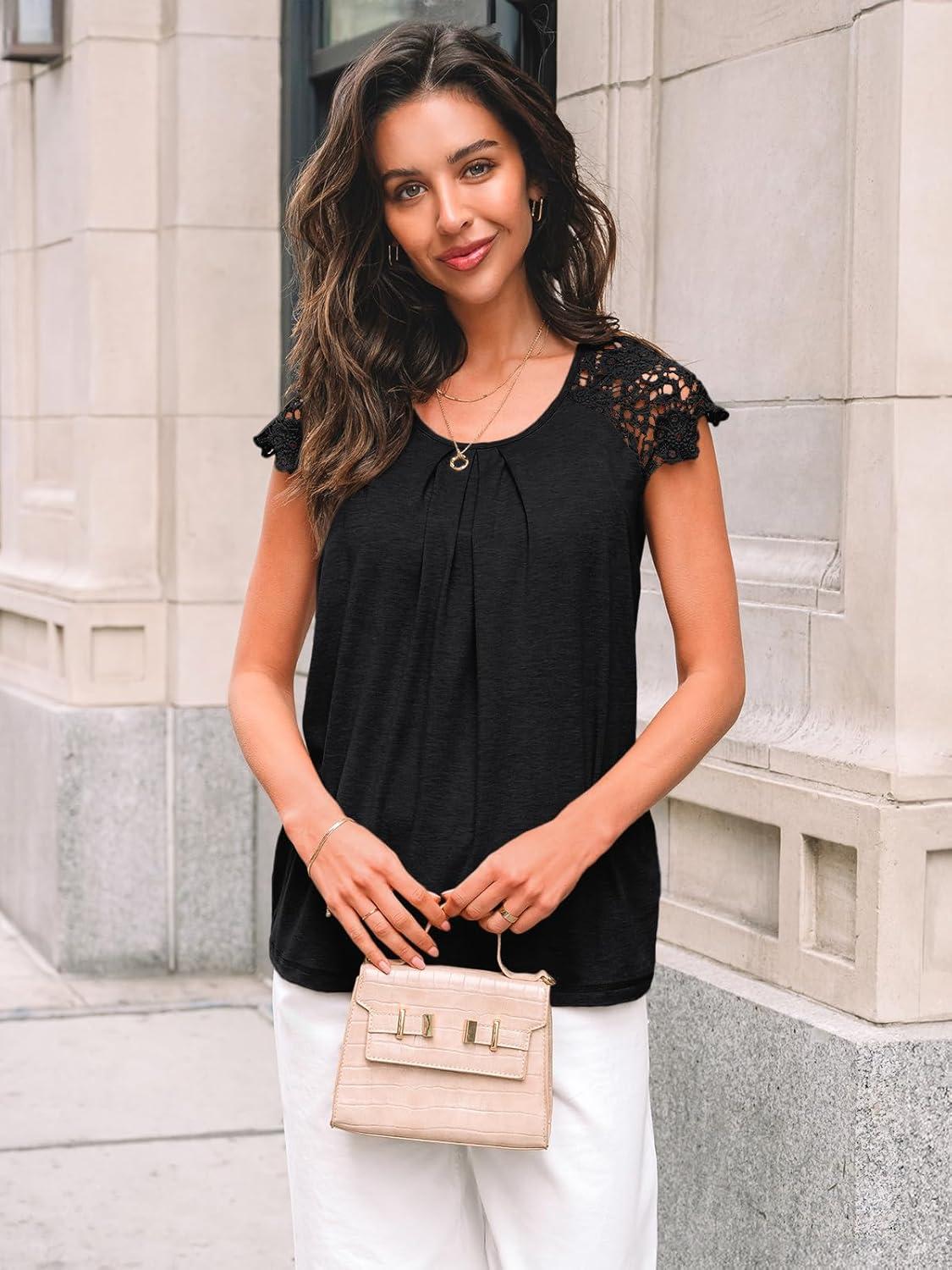 imageAUTOMET Womens Lace Tops Pleated Short Sleeve Shirts Summer Business Casual Dressy BlousesBlack