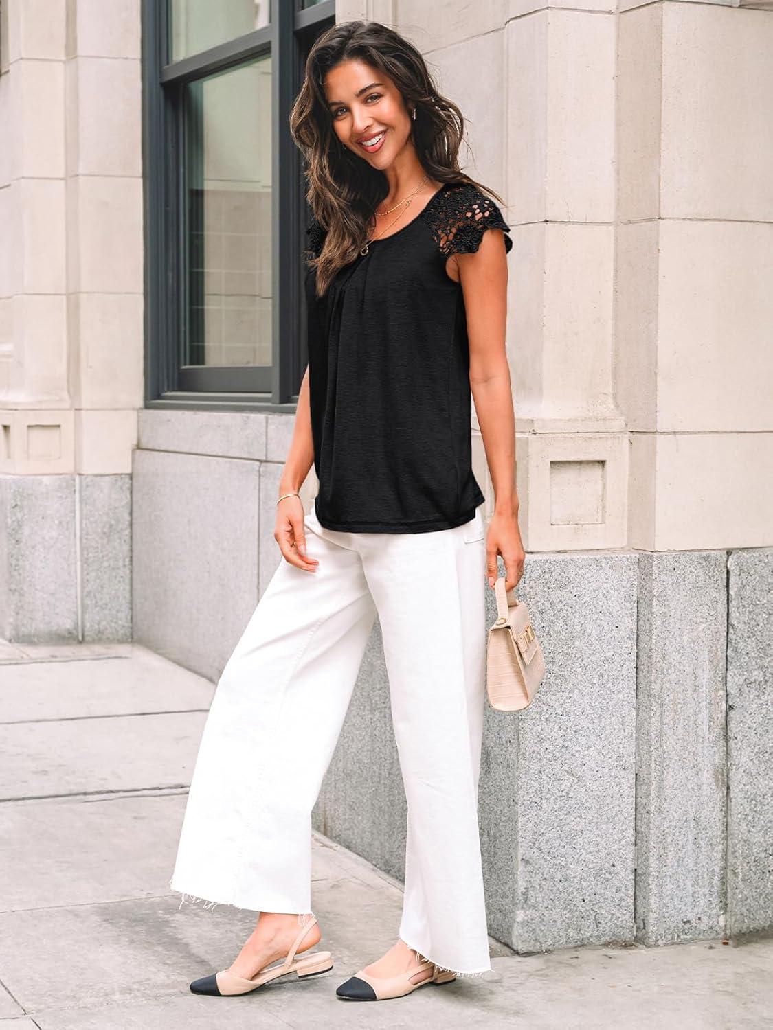 imageAUTOMET Womens Lace Tops Pleated Short Sleeve Shirts Summer Business Casual Dressy BlousesBlack