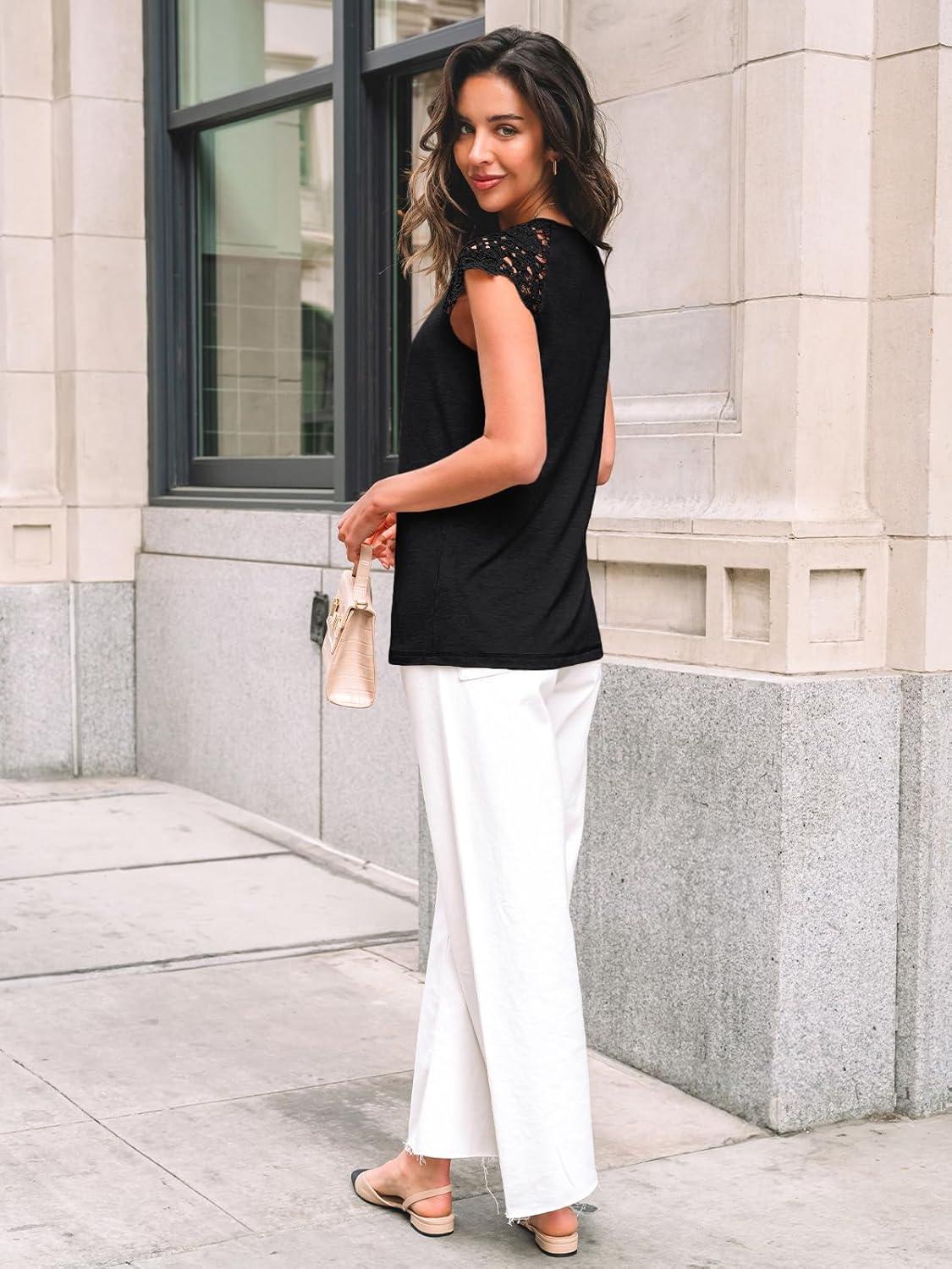 imageAUTOMET Womens Lace Tops Pleated Short Sleeve Shirts Summer Business Casual Dressy BlousesBlack