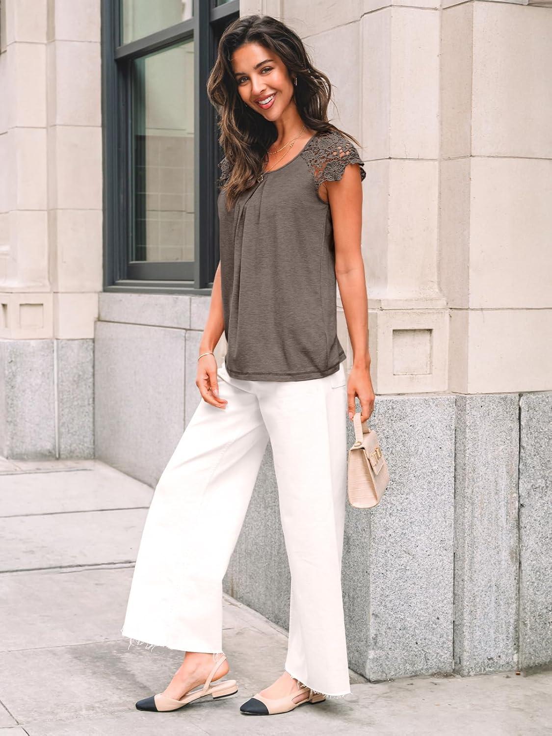 imageAUTOMET Womens Lace Tops Pleated Short Sleeve Shirts Summer Business Casual Dressy BlousesGrey Taupe