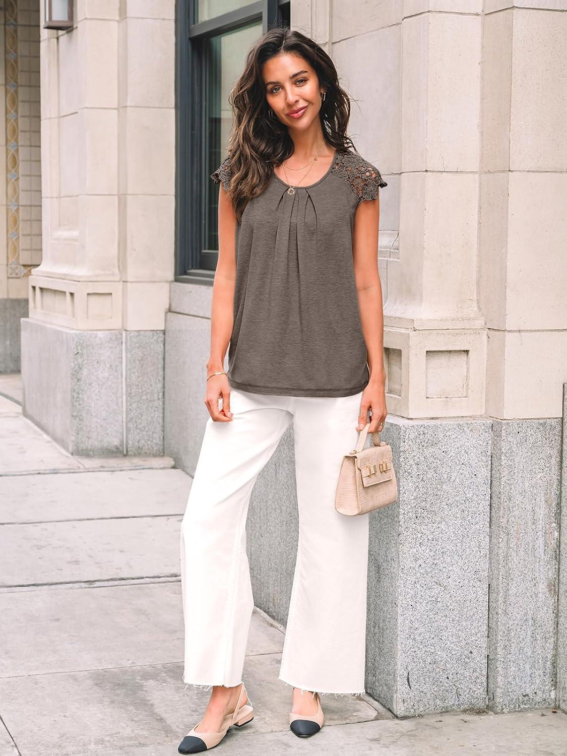 imageAUTOMET Womens Lace Tops Pleated Short Sleeve Shirts Summer Business Casual Dressy BlousesGrey Taupe