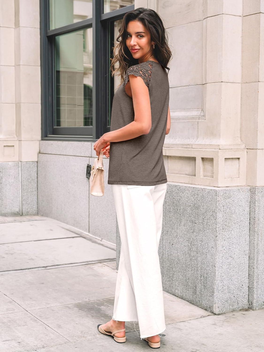 imageAUTOMET Womens Lace Tops Pleated Short Sleeve Shirts Summer Business Casual Dressy BlousesGrey Taupe