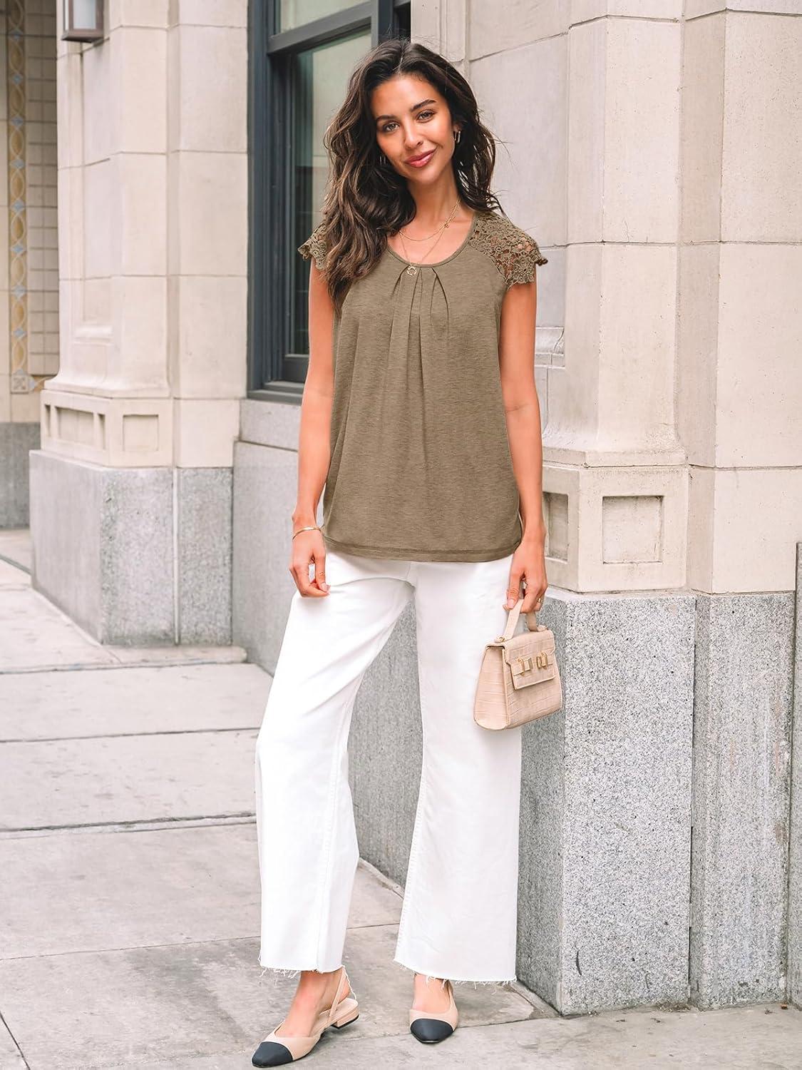 imageAUTOMET Womens Lace Tops Pleated Short Sleeve Shirts Summer Business Casual Dressy BlousesKhaki