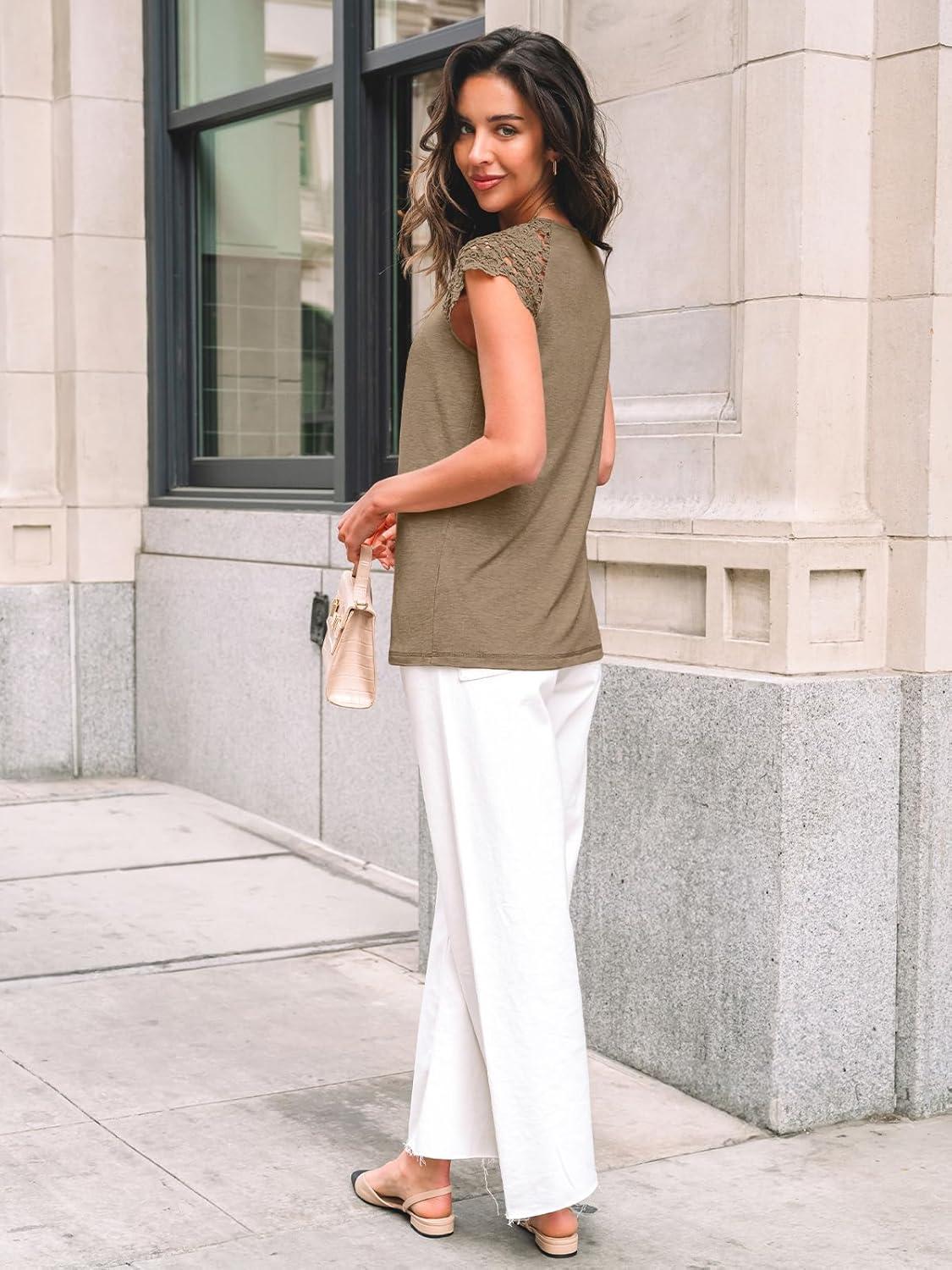 imageAUTOMET Womens Lace Tops Pleated Short Sleeve Shirts Summer Business Casual Dressy BlousesKhaki