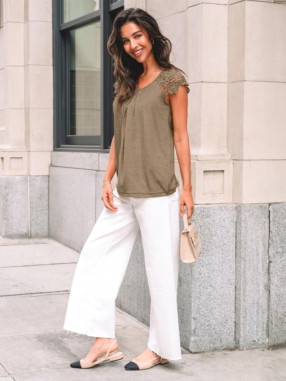 imageAUTOMET Womens Lace Tops Pleated Short Sleeve Shirts Summer Business Casual Dressy BlousesKhaki