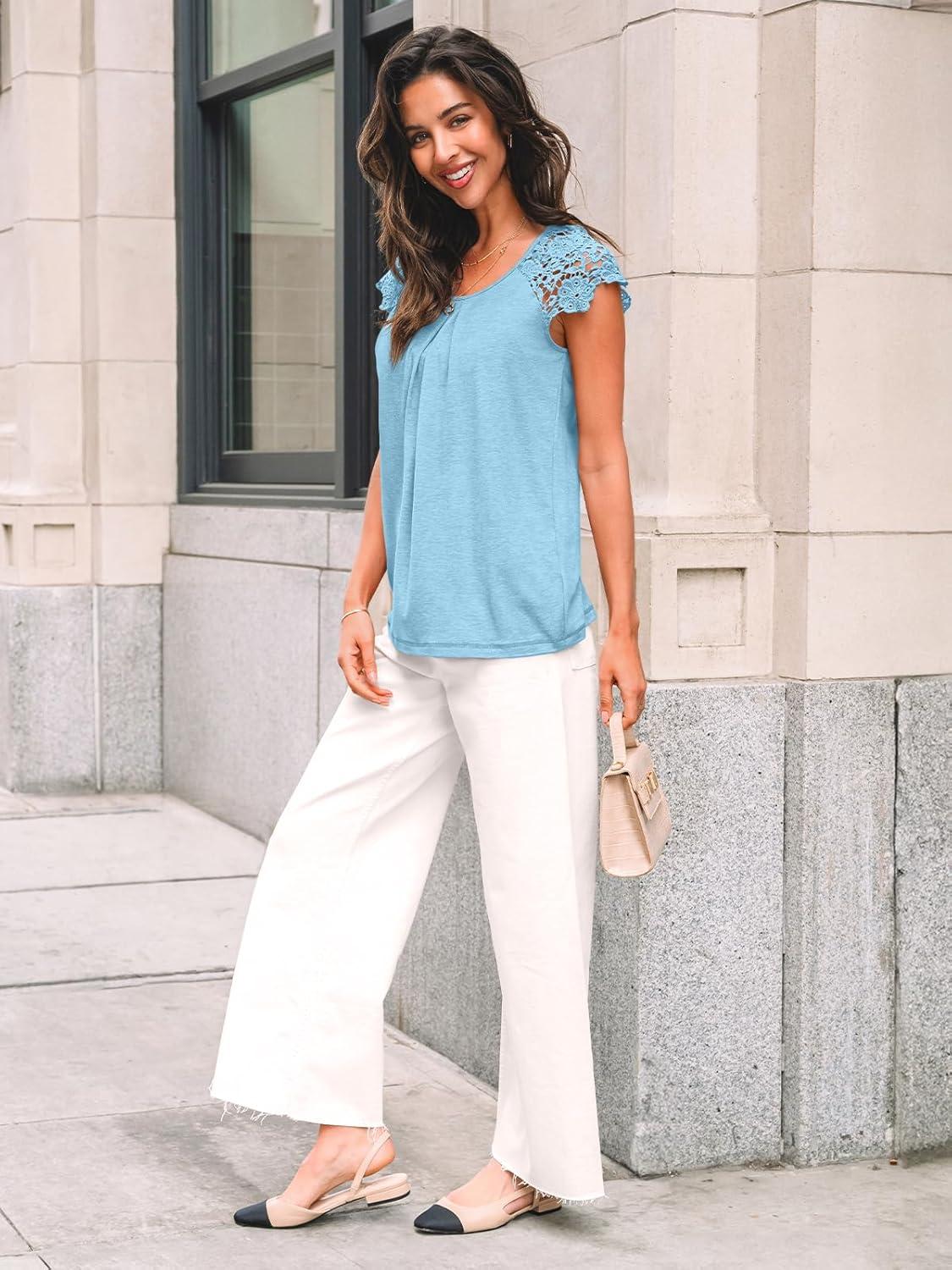 imageAUTOMET Womens Lace Tops Pleated Short Sleeve Shirts Summer Business Casual Dressy BlousesLight Blue