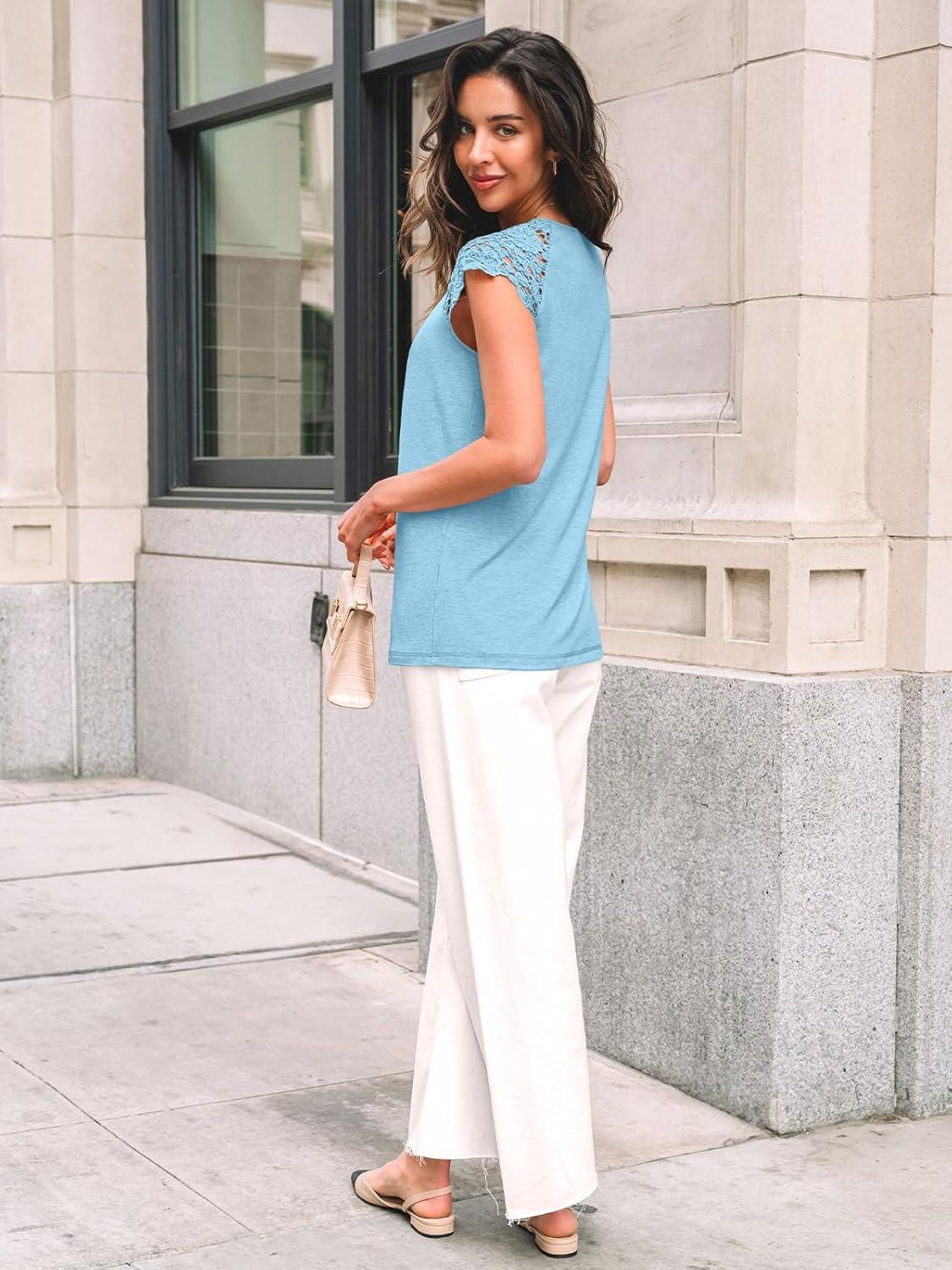 imageAUTOMET Womens Lace Tops Pleated Short Sleeve Shirts Summer Business Casual Dressy BlousesLight Blue