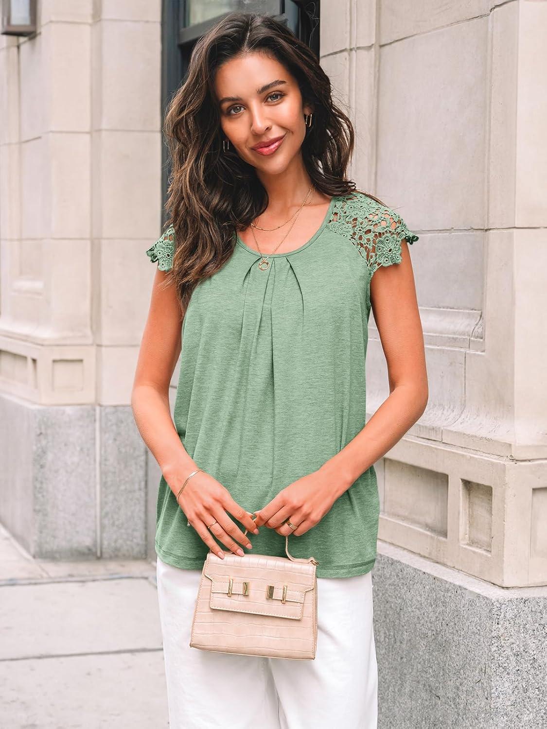 imageAUTOMET Womens Lace Tops Pleated Short Sleeve Shirts Summer Business Casual Dressy BlousesLight Green