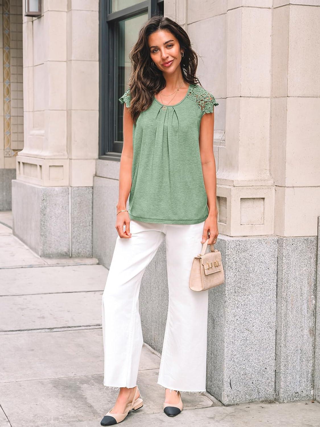 imageAUTOMET Womens Lace Tops Pleated Short Sleeve Shirts Summer Business Casual Dressy BlousesLight Green