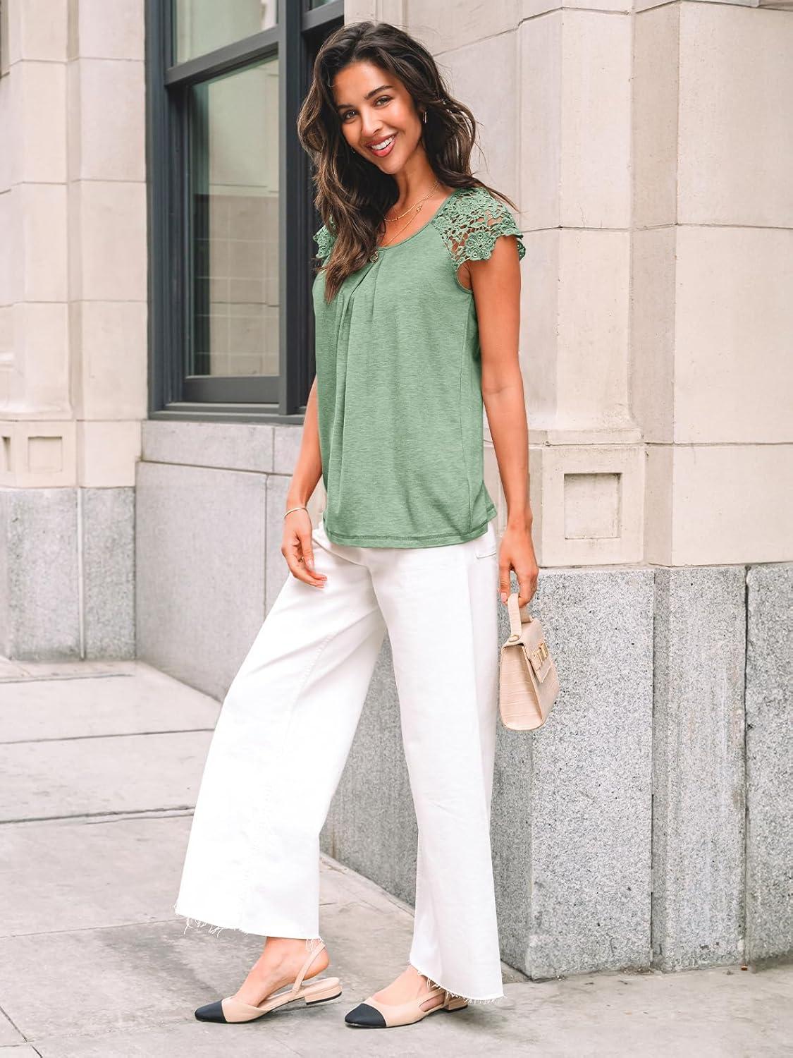 imageAUTOMET Womens Lace Tops Pleated Short Sleeve Shirts Summer Business Casual Dressy BlousesLight Green