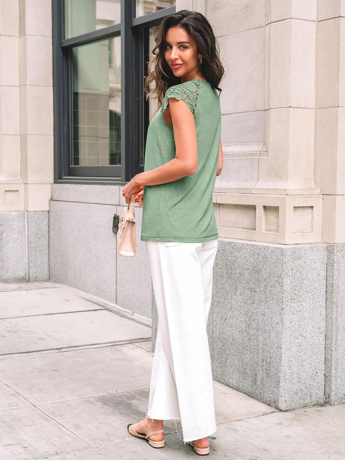 imageAUTOMET Womens Lace Tops Pleated Short Sleeve Shirts Summer Business Casual Dressy BlousesLight Green