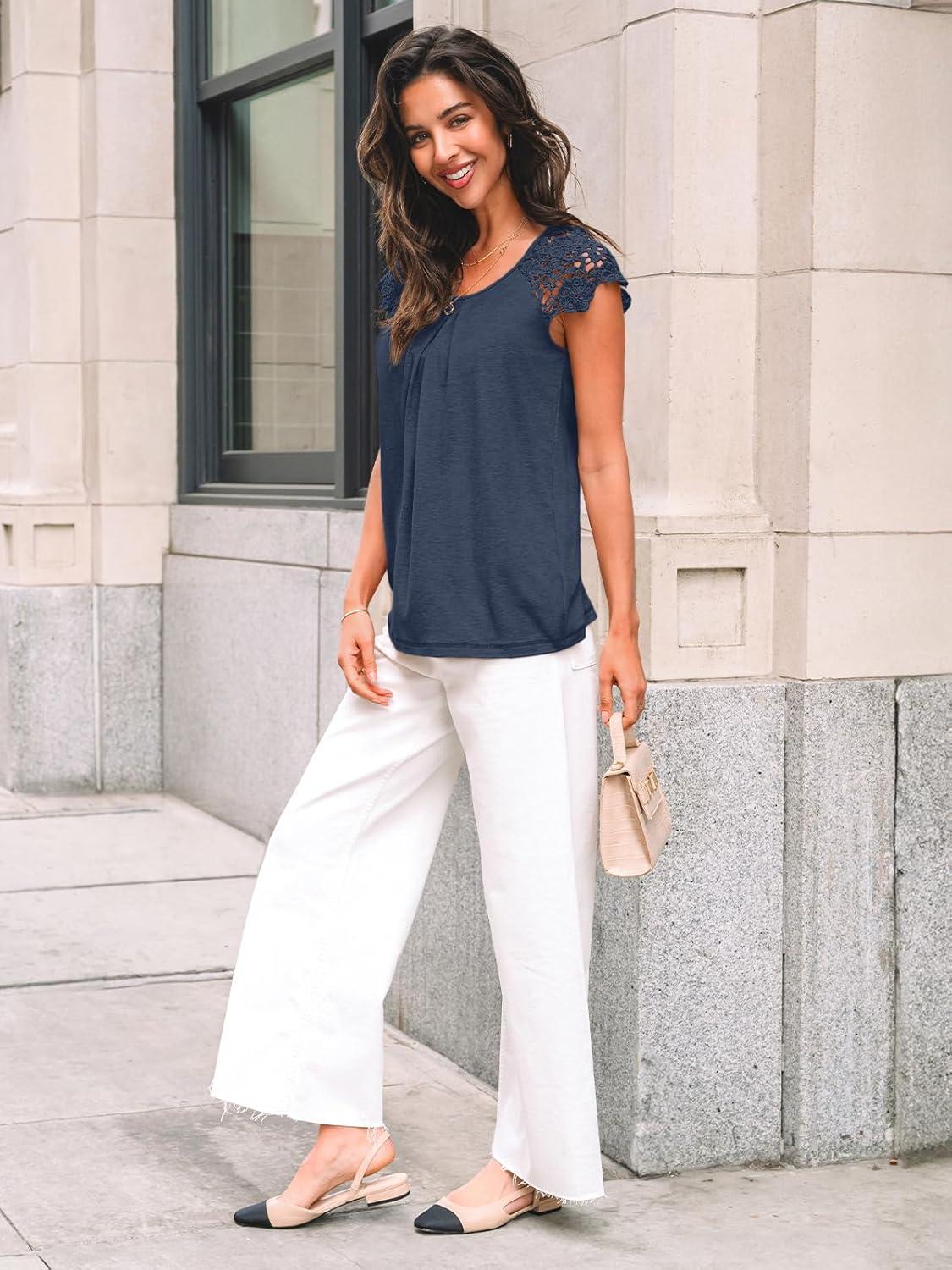 imageAUTOMET Womens Lace Tops Pleated Short Sleeve Shirts Summer Business Casual Dressy BlousesNavy