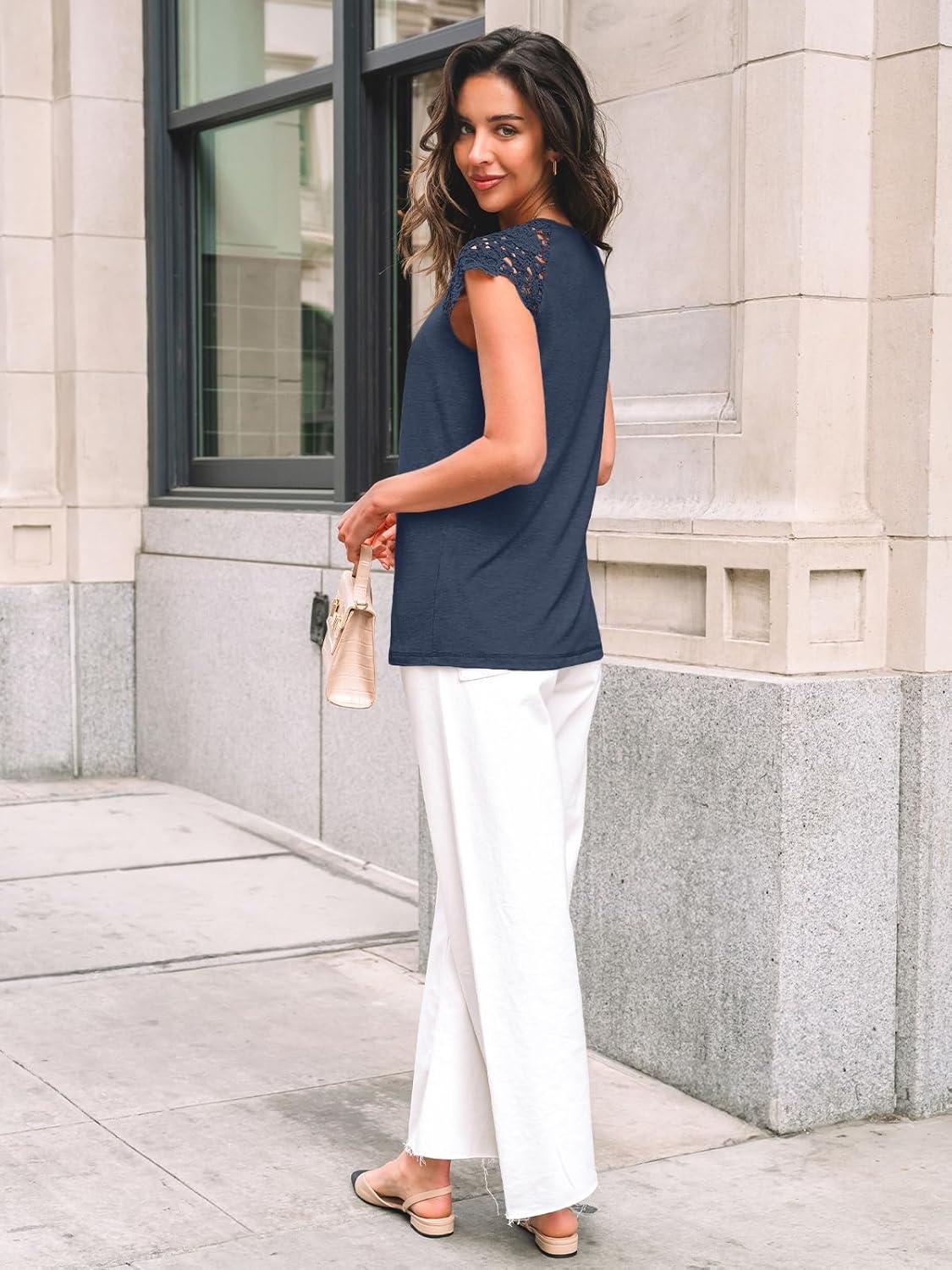 imageAUTOMET Womens Lace Tops Pleated Short Sleeve Shirts Summer Business Casual Dressy BlousesNavy